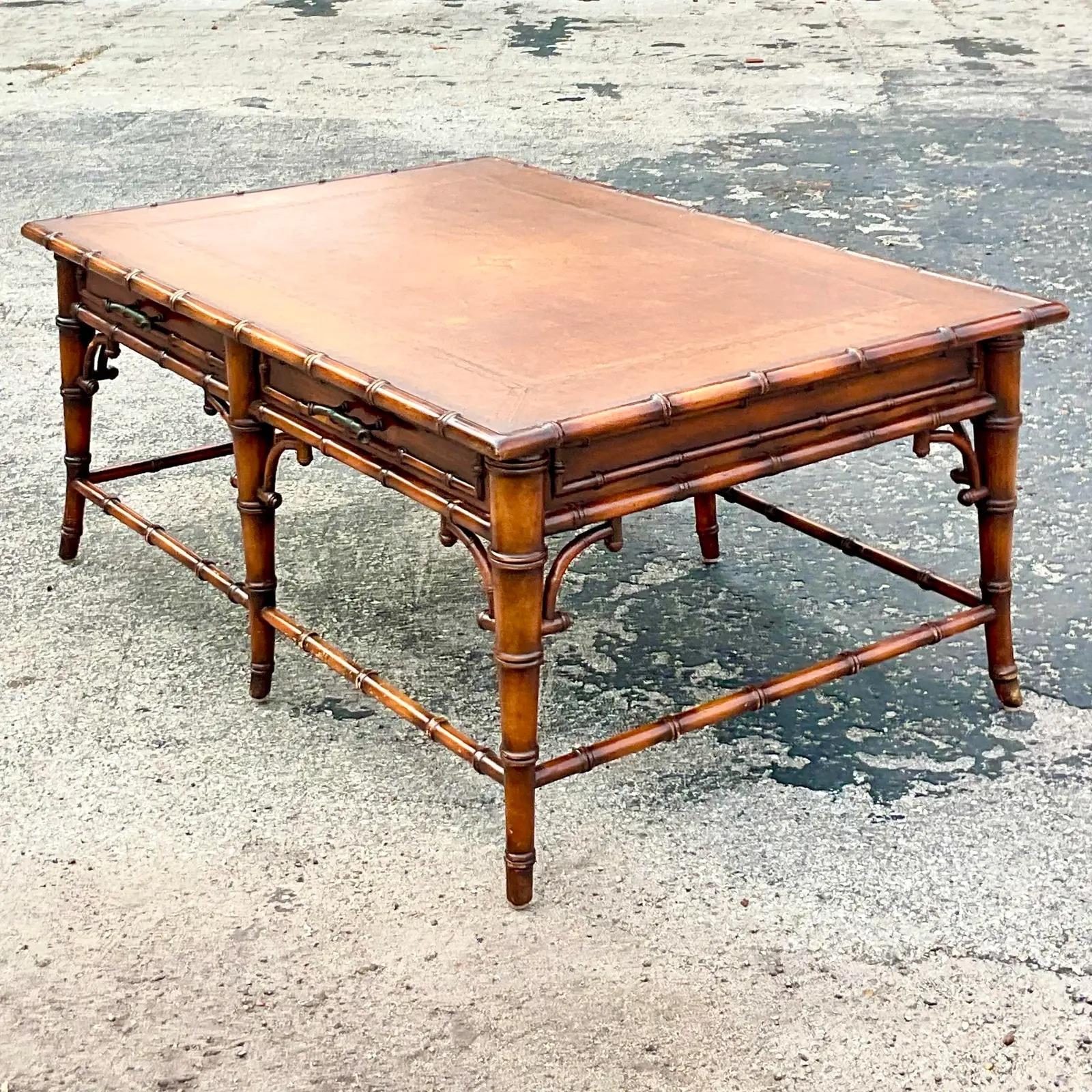Vintage Regency Burnt Bamboo Coffee Table In Good Condition For Sale In west palm beach, FL