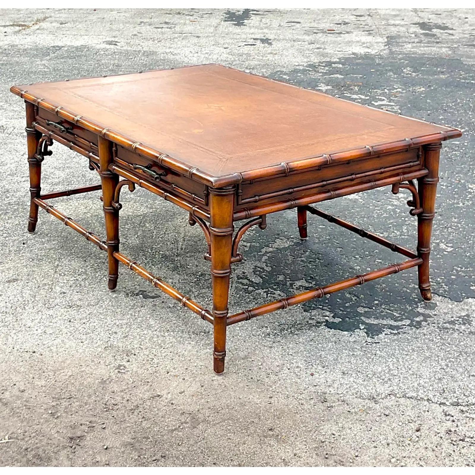 20th Century Vintage Regency Burnt Bamboo Coffee Table For Sale
