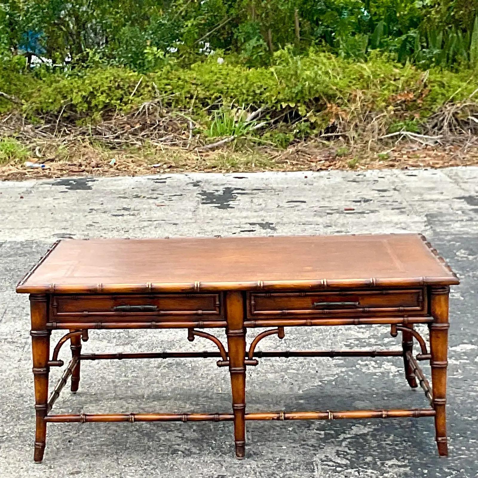 Leather Vintage Regency Burnt Bamboo Coffee Table For Sale
