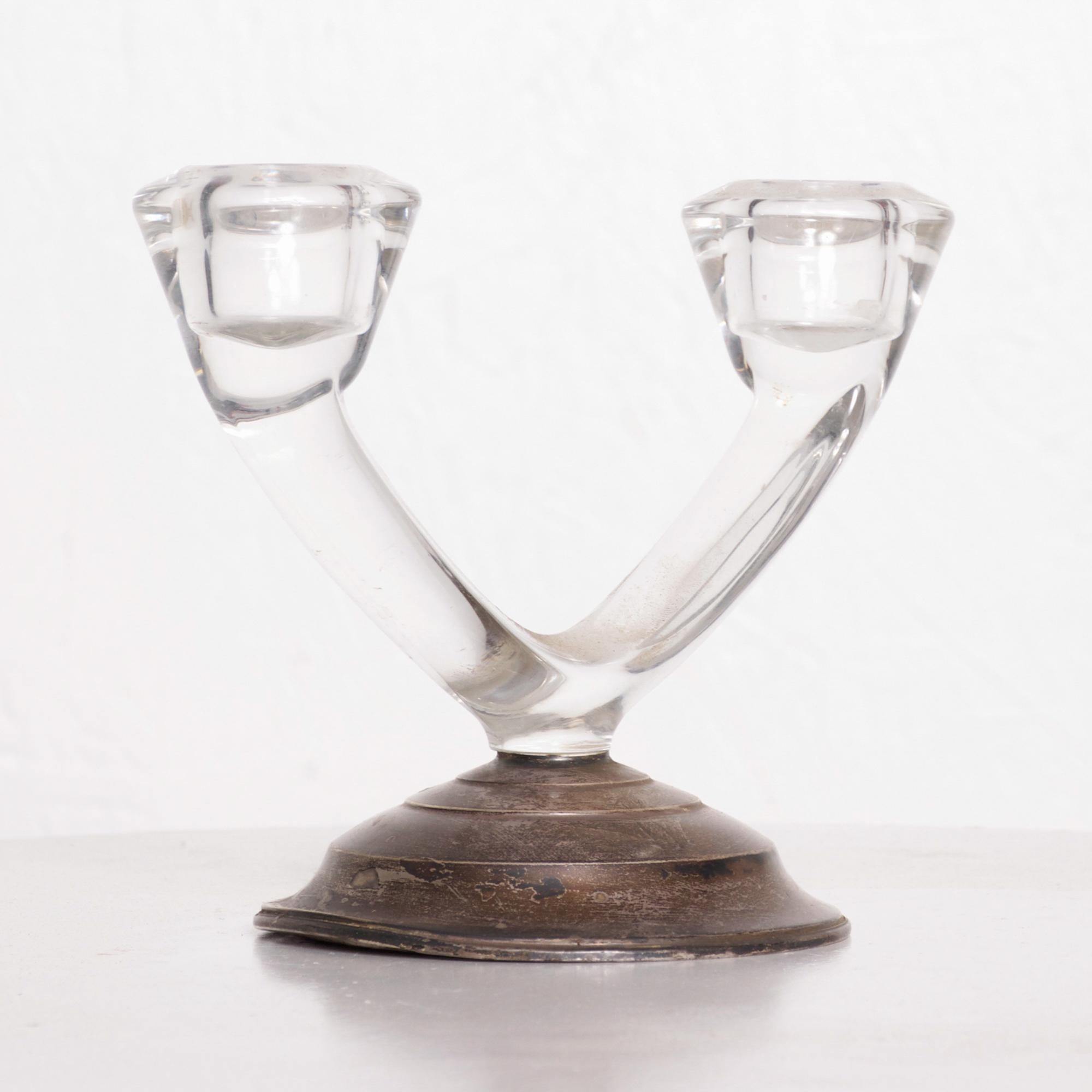 1960s W M Rogers Sterling Silver & Glass Double Arm Candle Holder For Sale 9