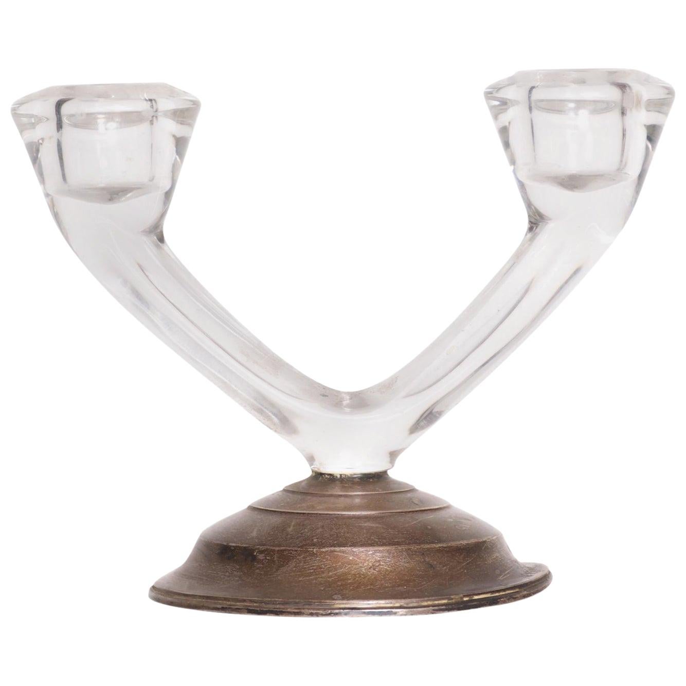 1960s W M Rogers Sterling Silver & Glass Double Arm Candle Holder