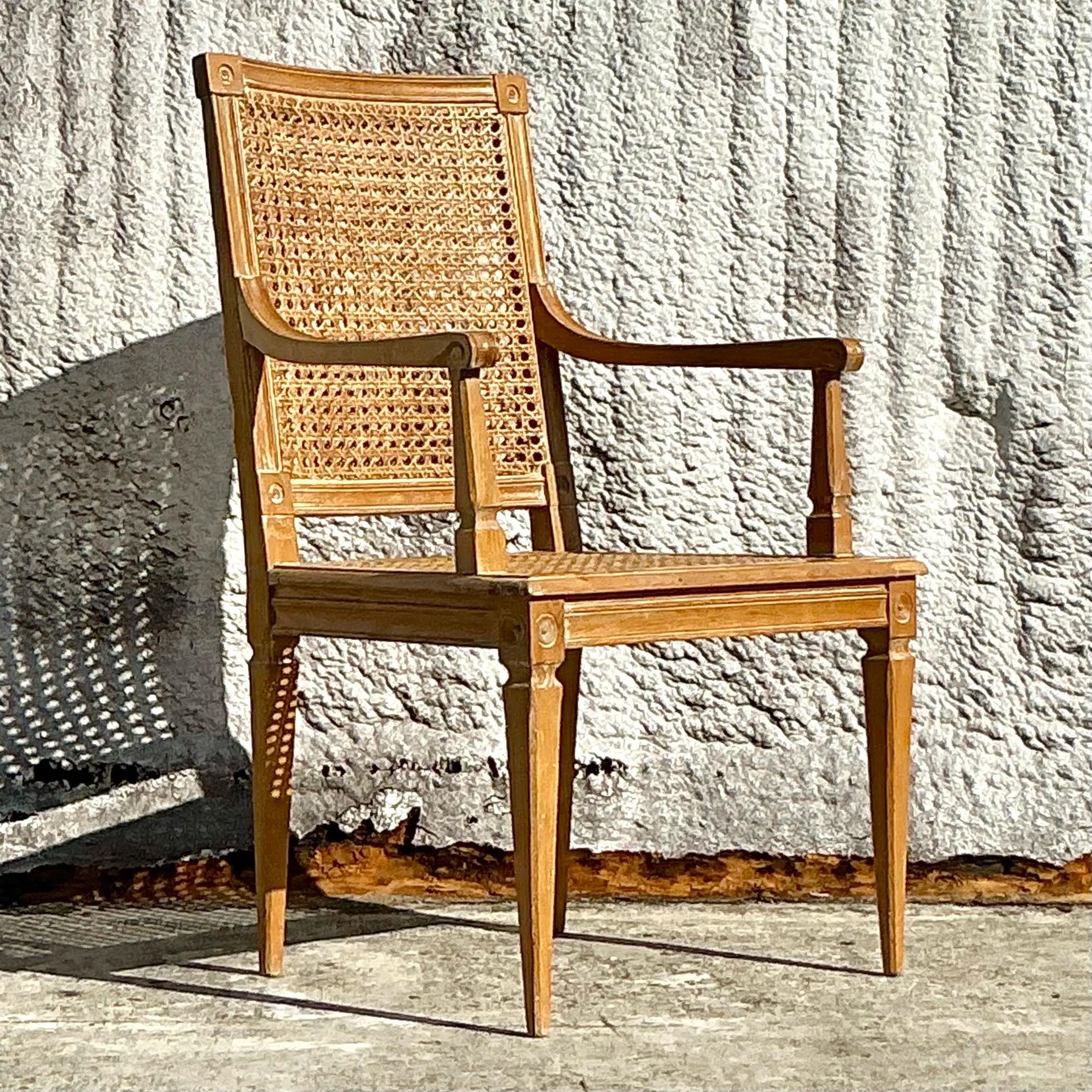 Italian Vintage Regency Cane and Wood Arm Chair For Sale