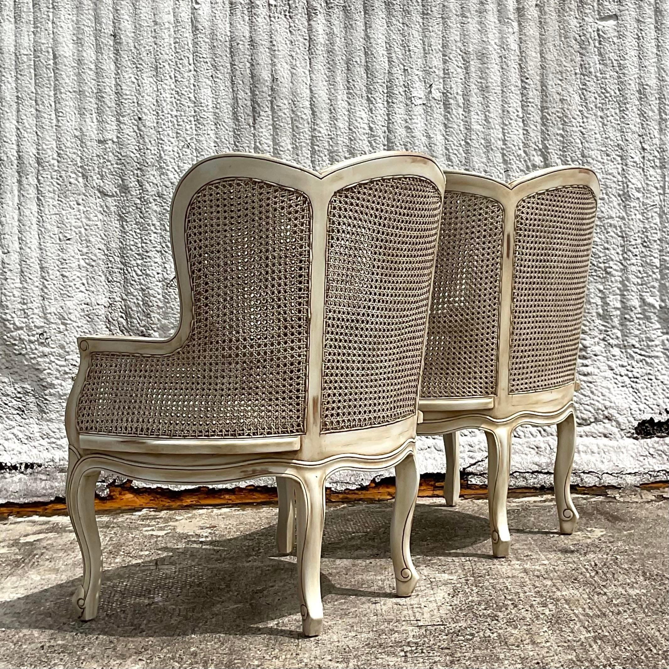 Vintage Regency Cane Panel Wingback Chairs - a Pair In Good Condition In west palm beach, FL