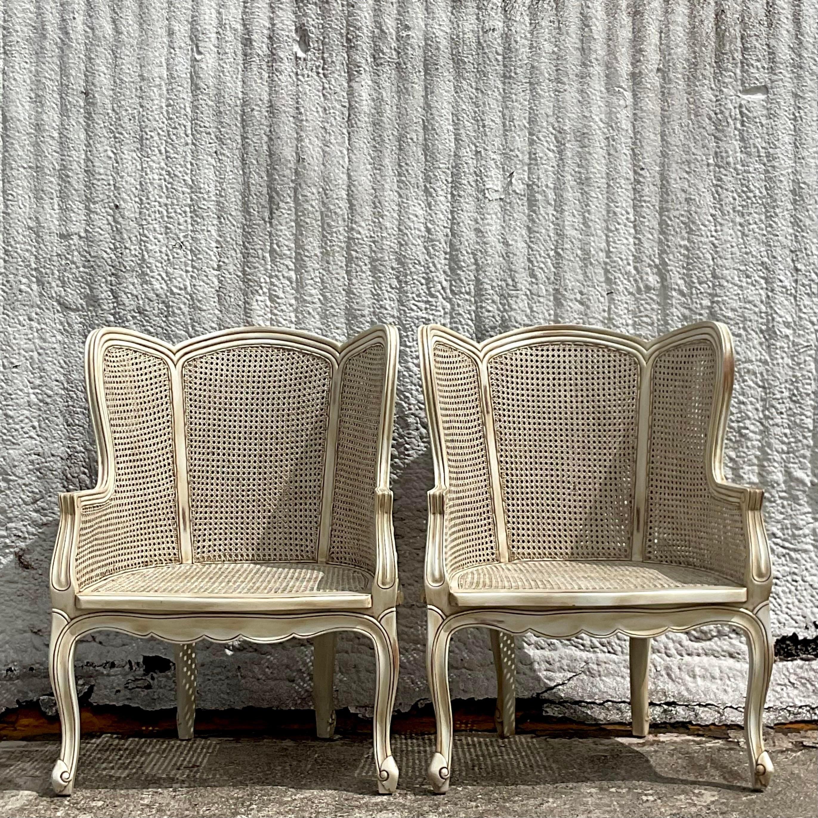 Rattan Vintage Regency Cane Panel Wingback Chairs - a Pair