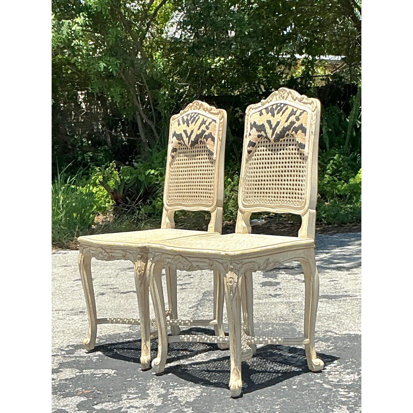 Tissu Vintage Regency Cane Side Chairs - A Pair en vente