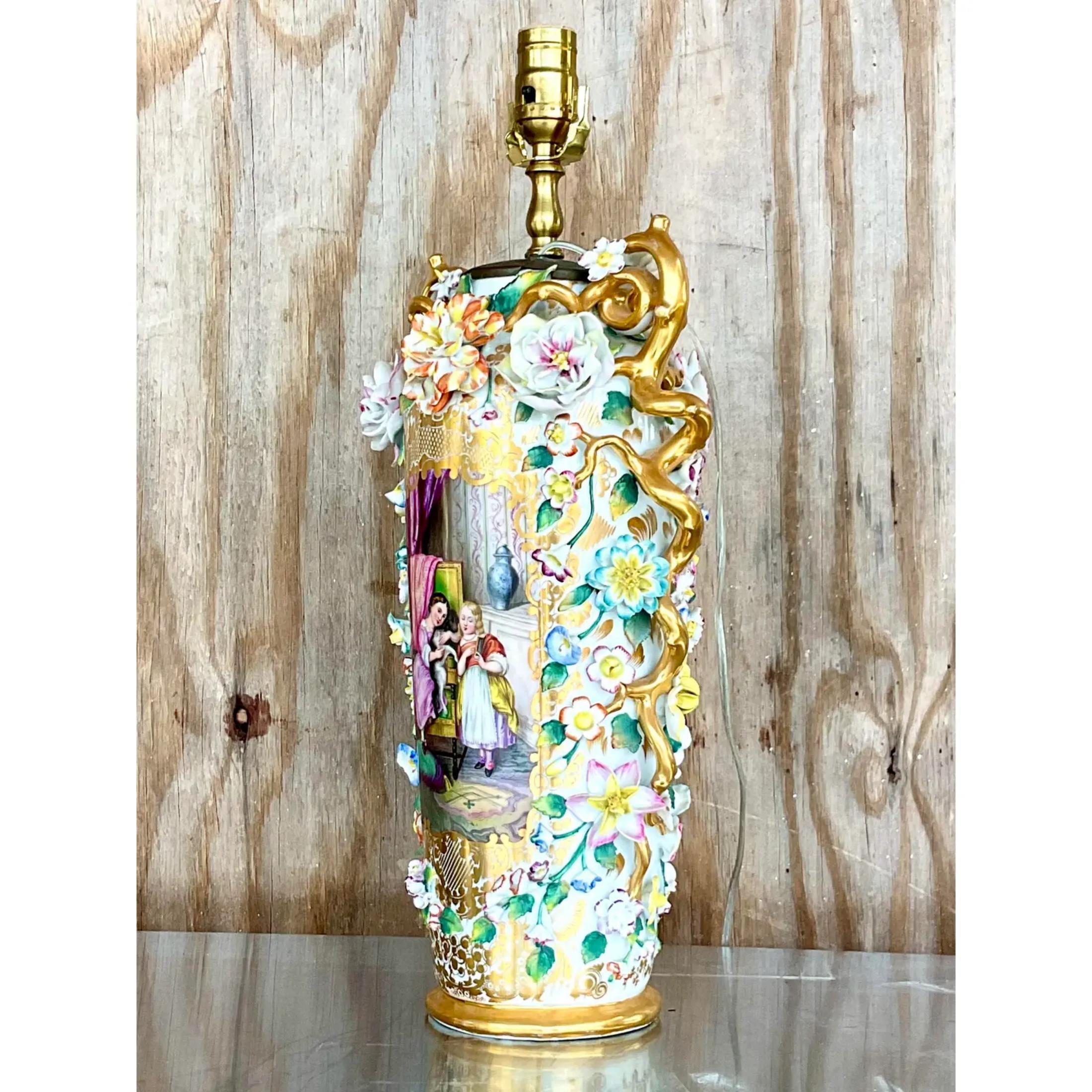 Incredible vintage Italian porcelain Capodimonte lamp. Magnificent jewel tone highlighted by bright gilt touches. Acquired from a Palm. Each estate.