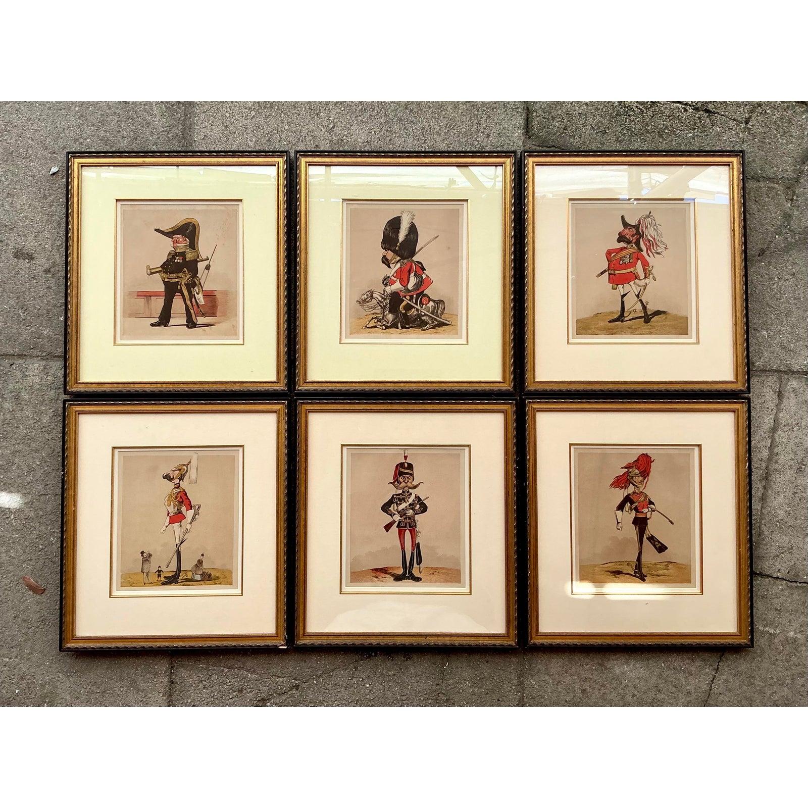 Caricatures de générals anglais de style Régence vintage - Lot de 6 Bon état - En vente à west palm beach, FL