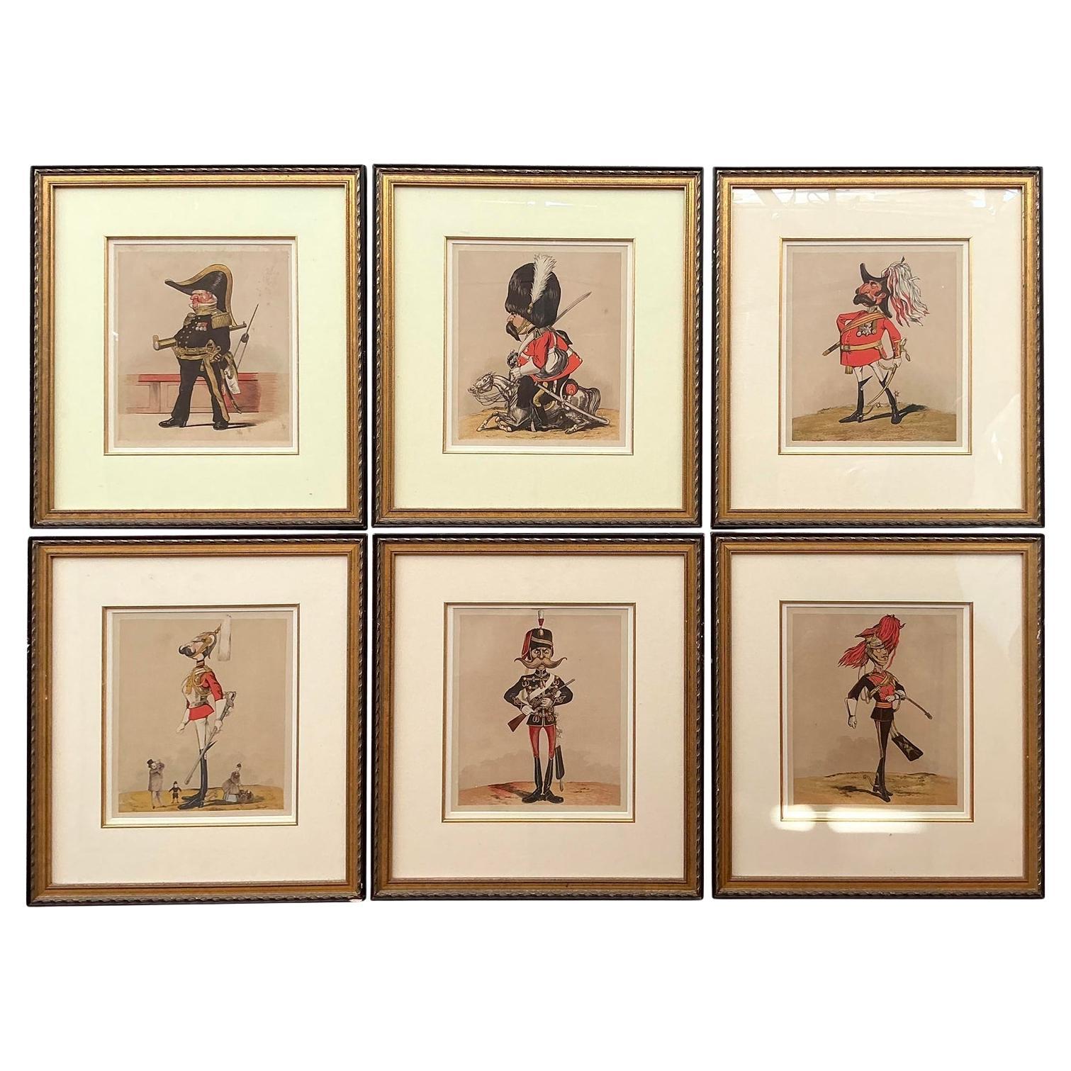 Caricatures de générals anglais de style Régence vintage - Lot de 6 en vente