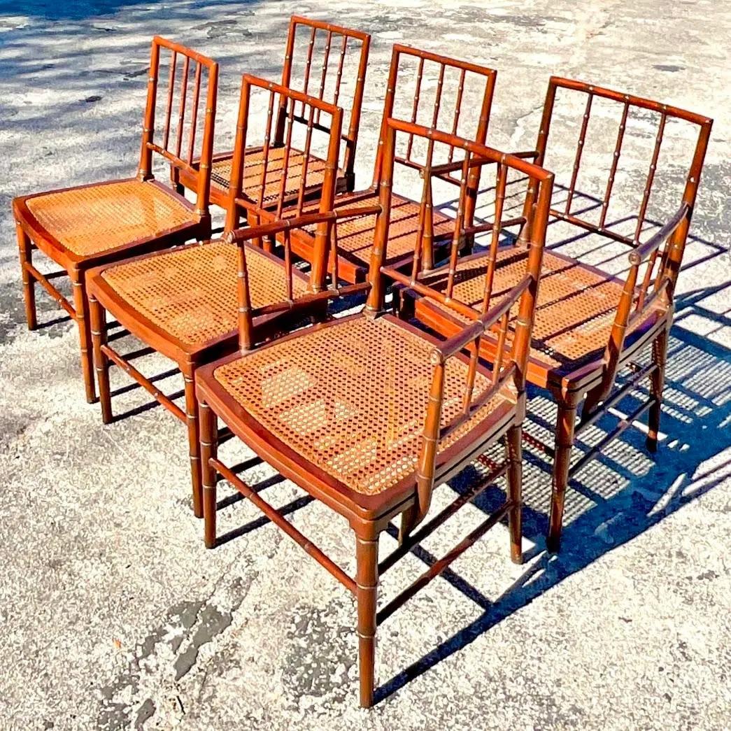 Vintage Regency Carved Bamboo Cane Dining Chairs, Set of 6 1