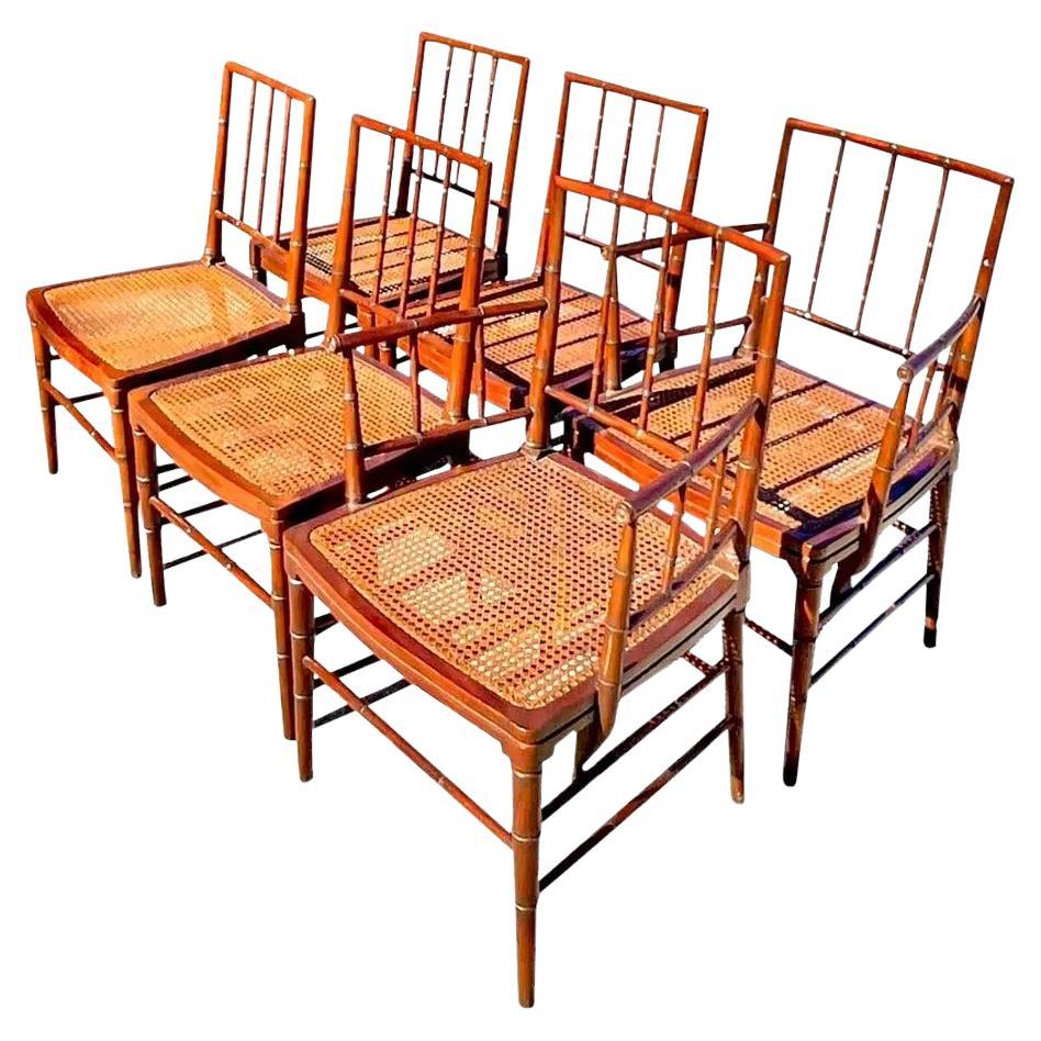 Vintage Regency Carved Bamboo Cane Dining Chairs, Set of 6