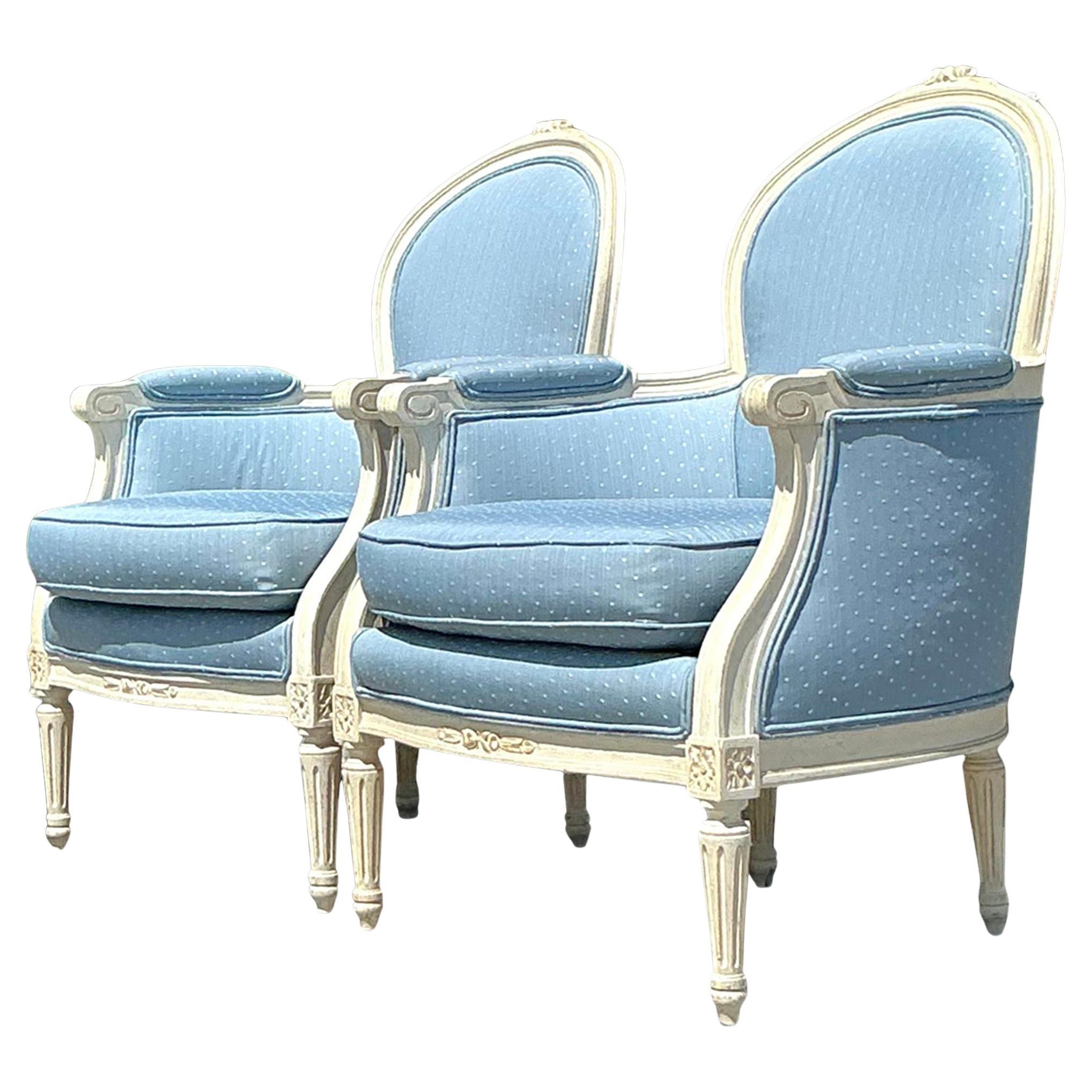 Vintage Regency Carved Bergere Chairs - a Pair