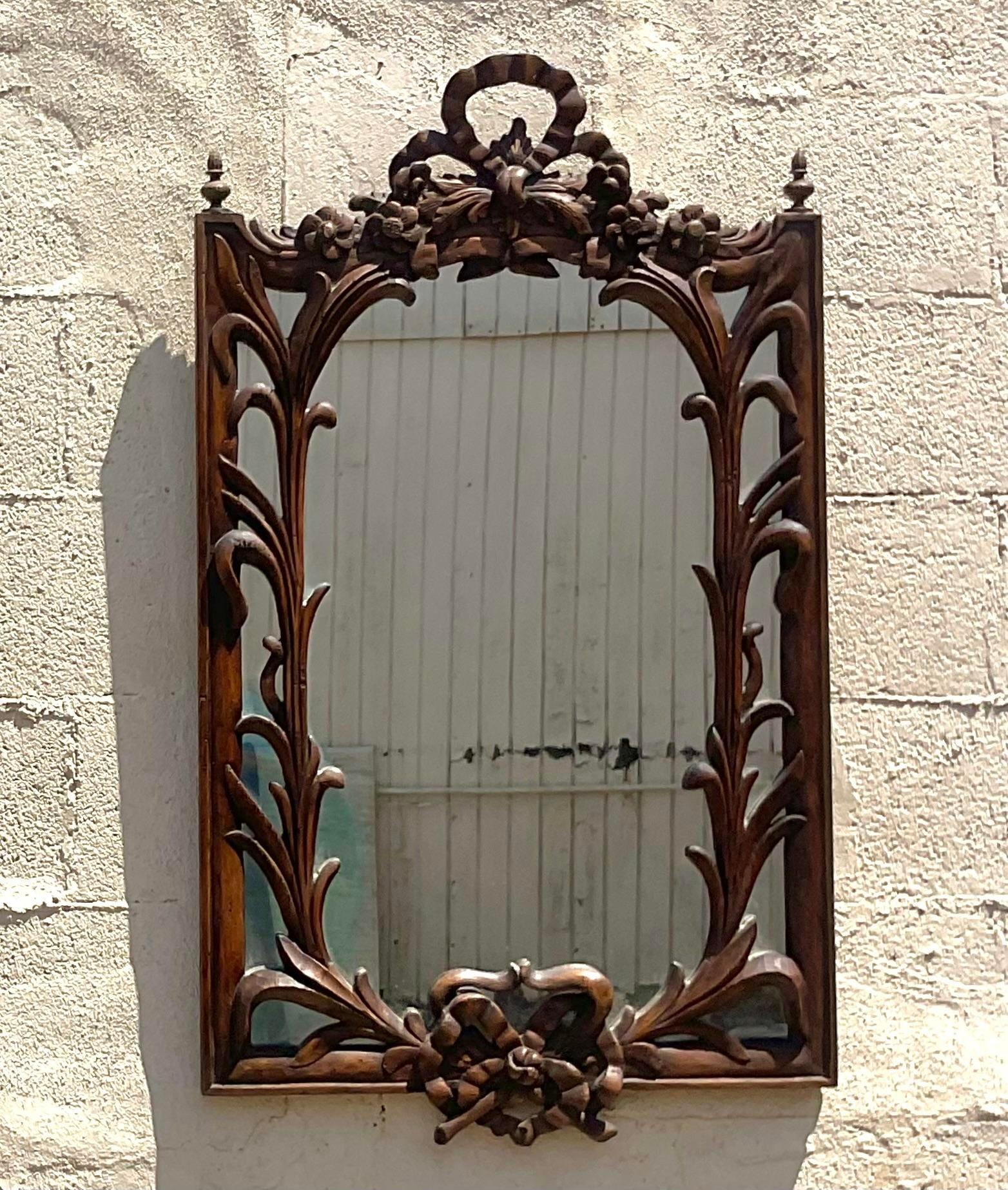 Vintage Regency Carved Bow and Lily Mirror In Good Condition For Sale In west palm beach, FL