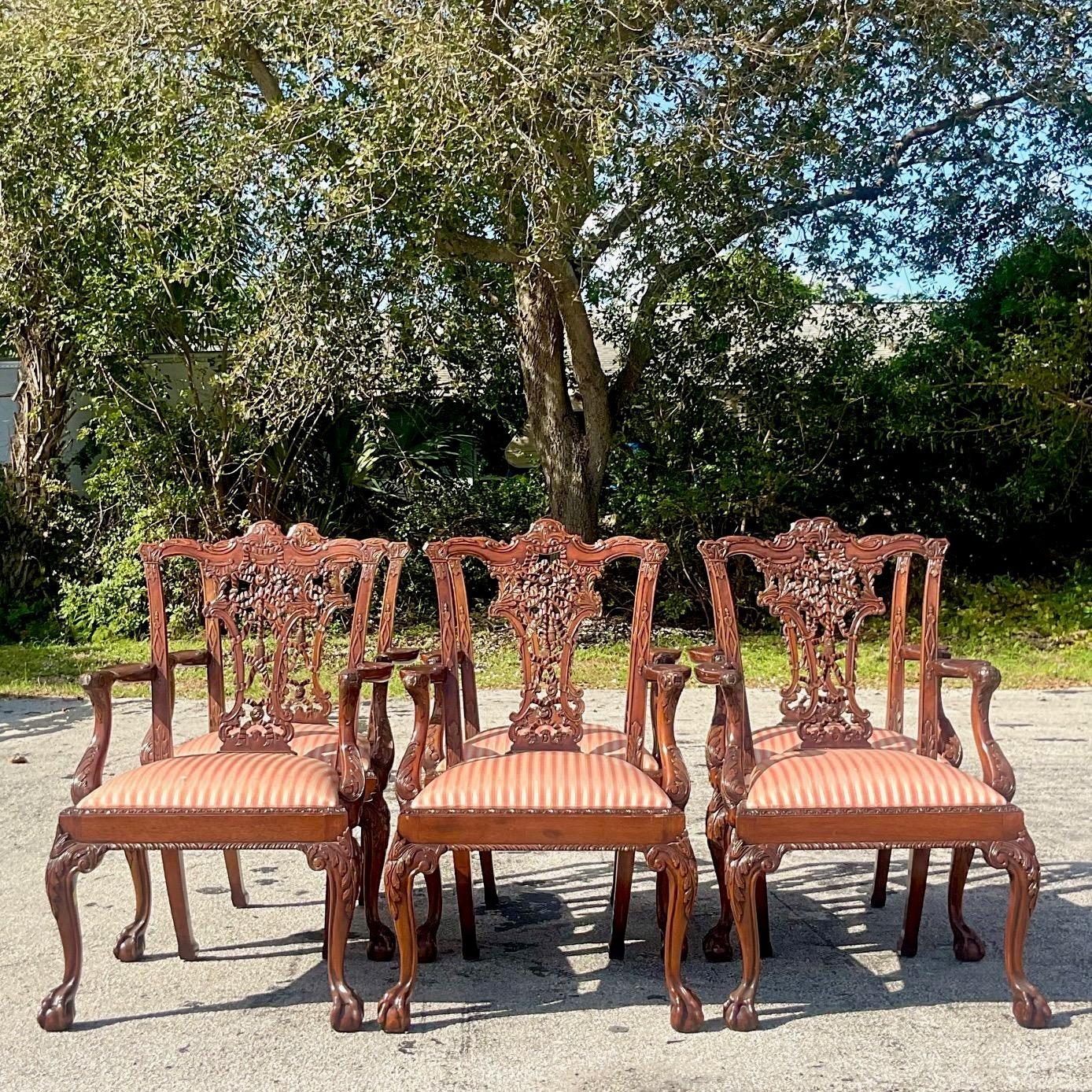 20th Century Vintage Regency Carved Chippendale Dining Chairs - Set of Six For Sale