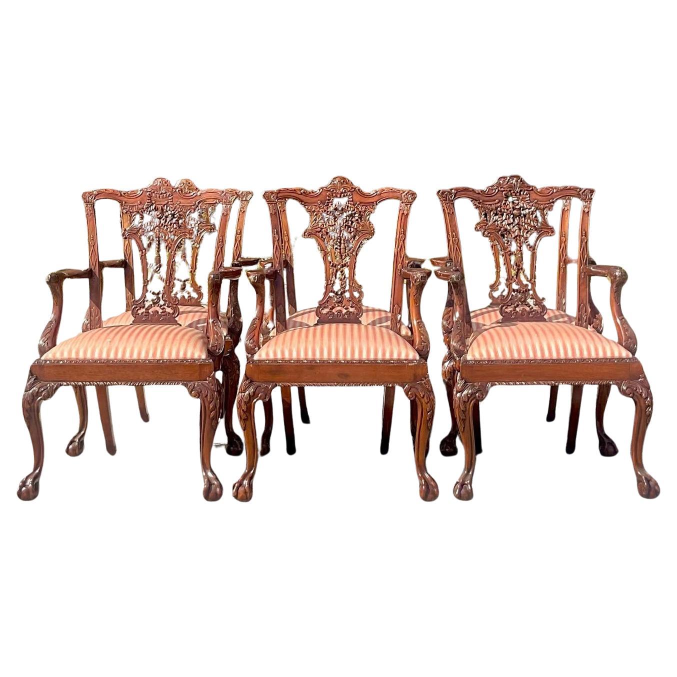 Chaises de salle à manger Chippendale sculptées de style Régence vintage - Lot de six