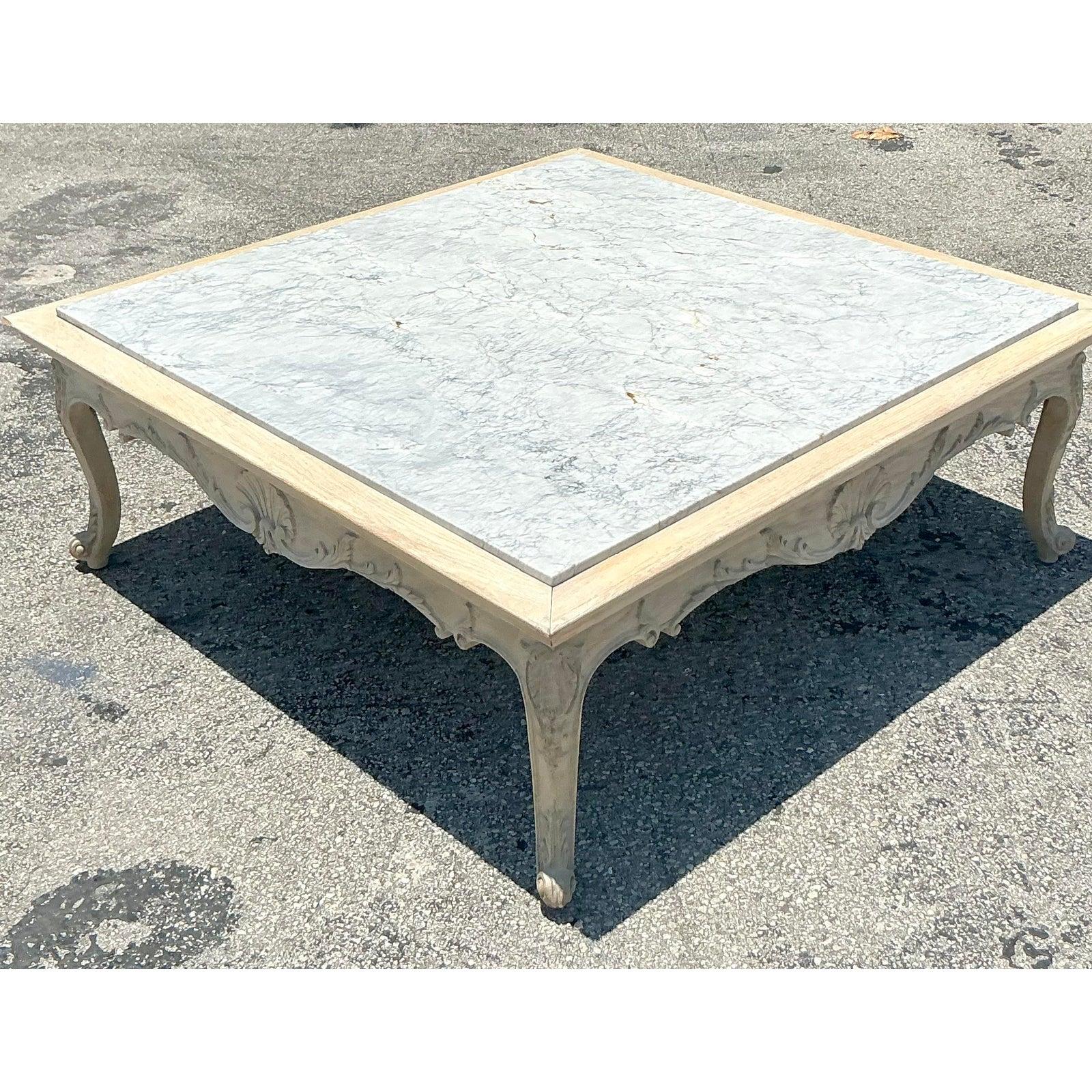 20th Century Vintage Regency Carved Clamshell Stone Top Coffee Table For Sale
