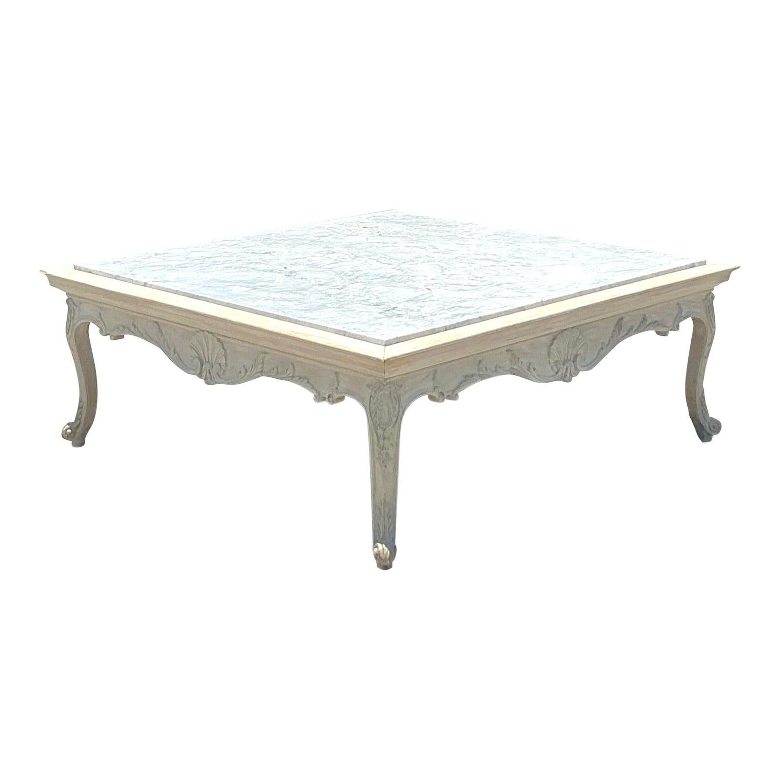 Vintage Regency Carved Clamshell Stone Top Coffee Table For Sale 1