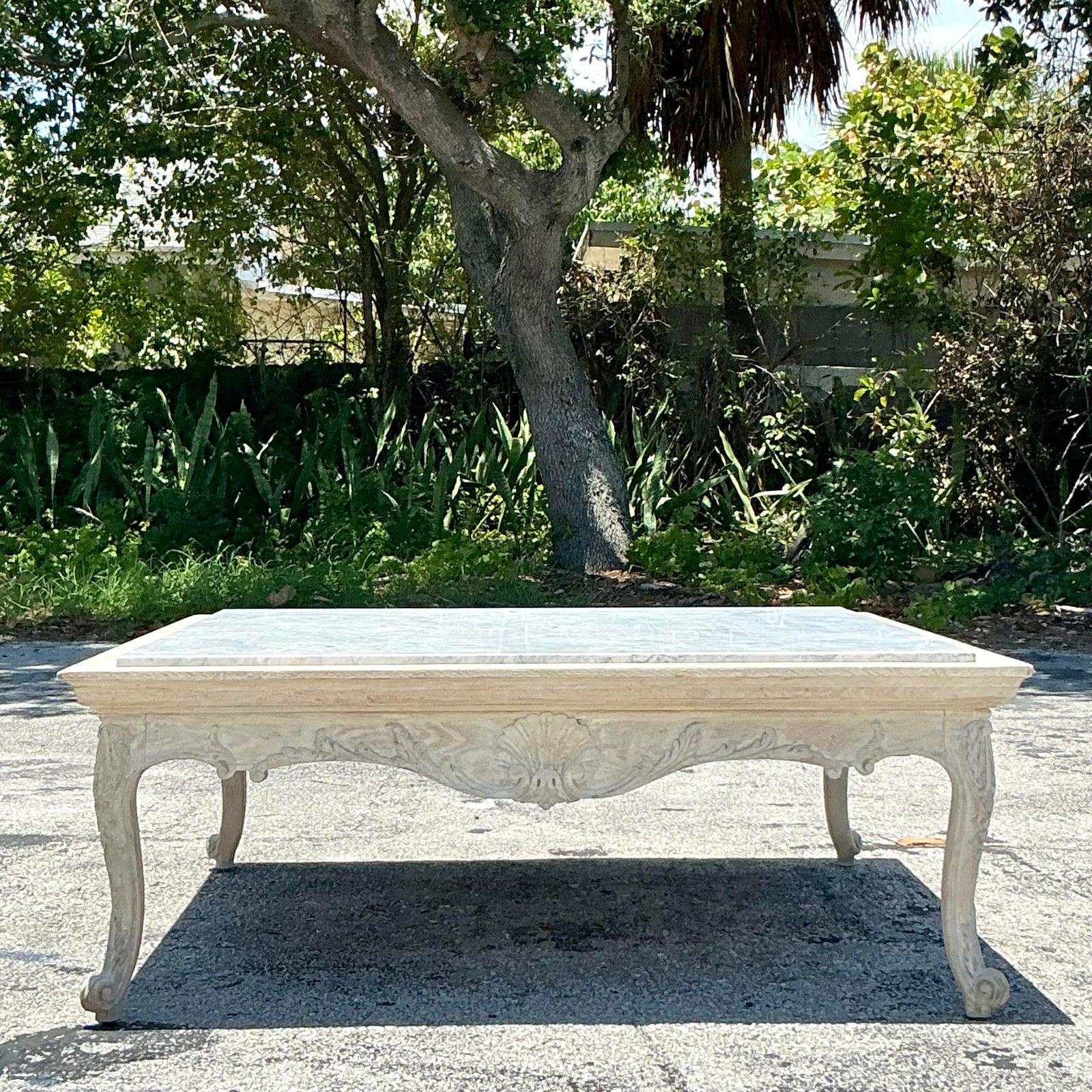 Vintage Regency Carved Clamshell Stone Top Coffee Table For Sale 2