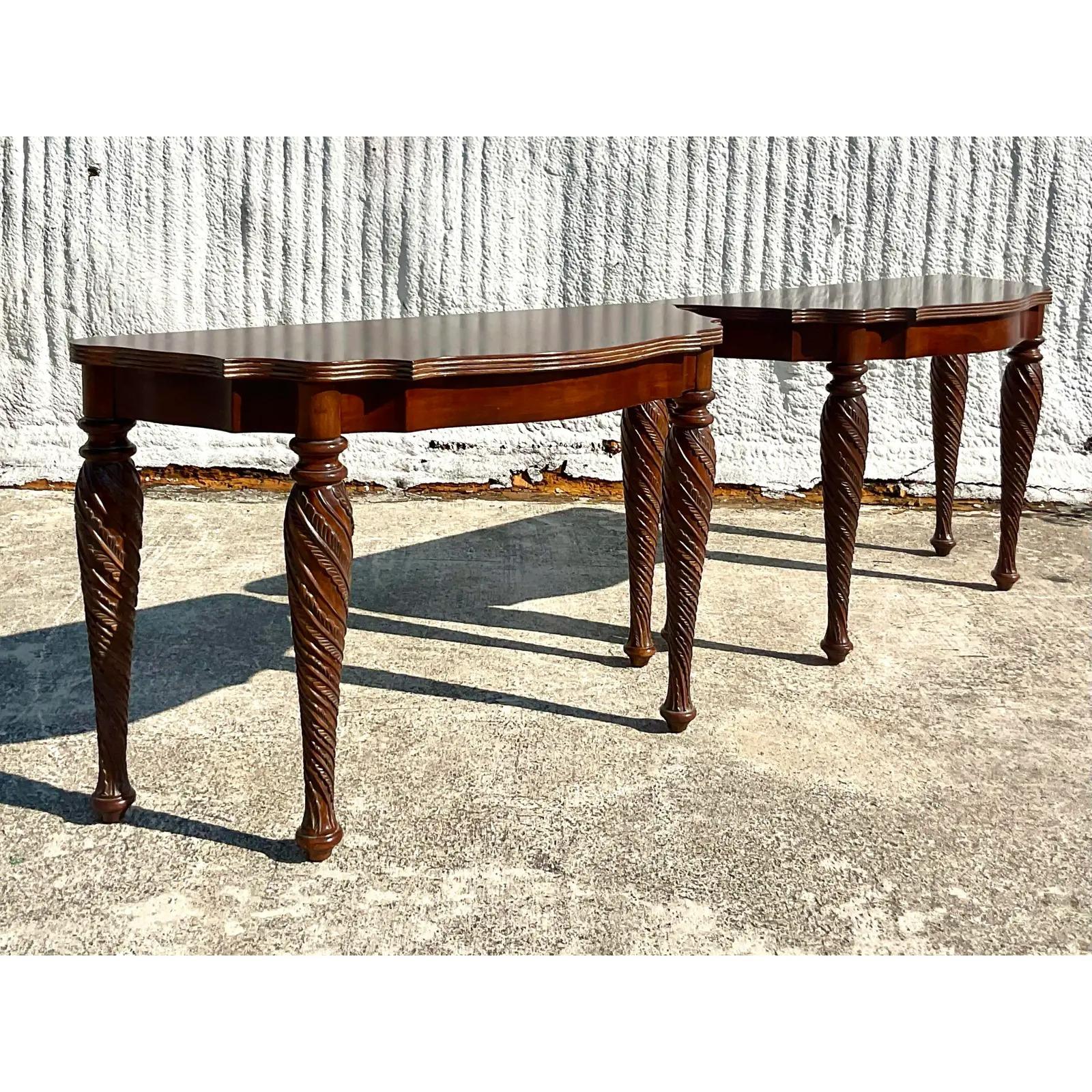 North American Vintage Regency Carved Demilune Console Tables, Pair