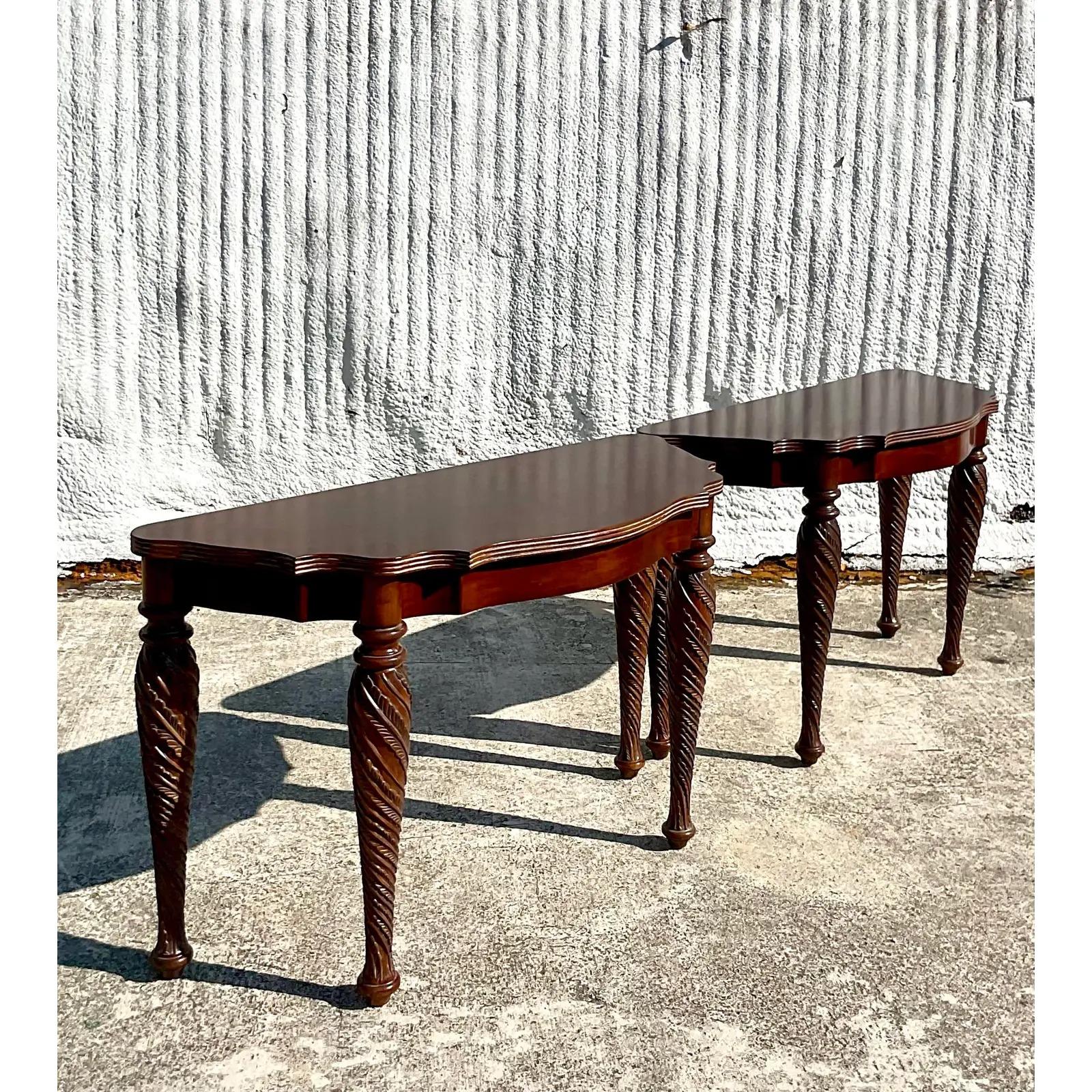 Vintage Regency Carved Demilune Console Tables, Pair In Good Condition In west palm beach, FL