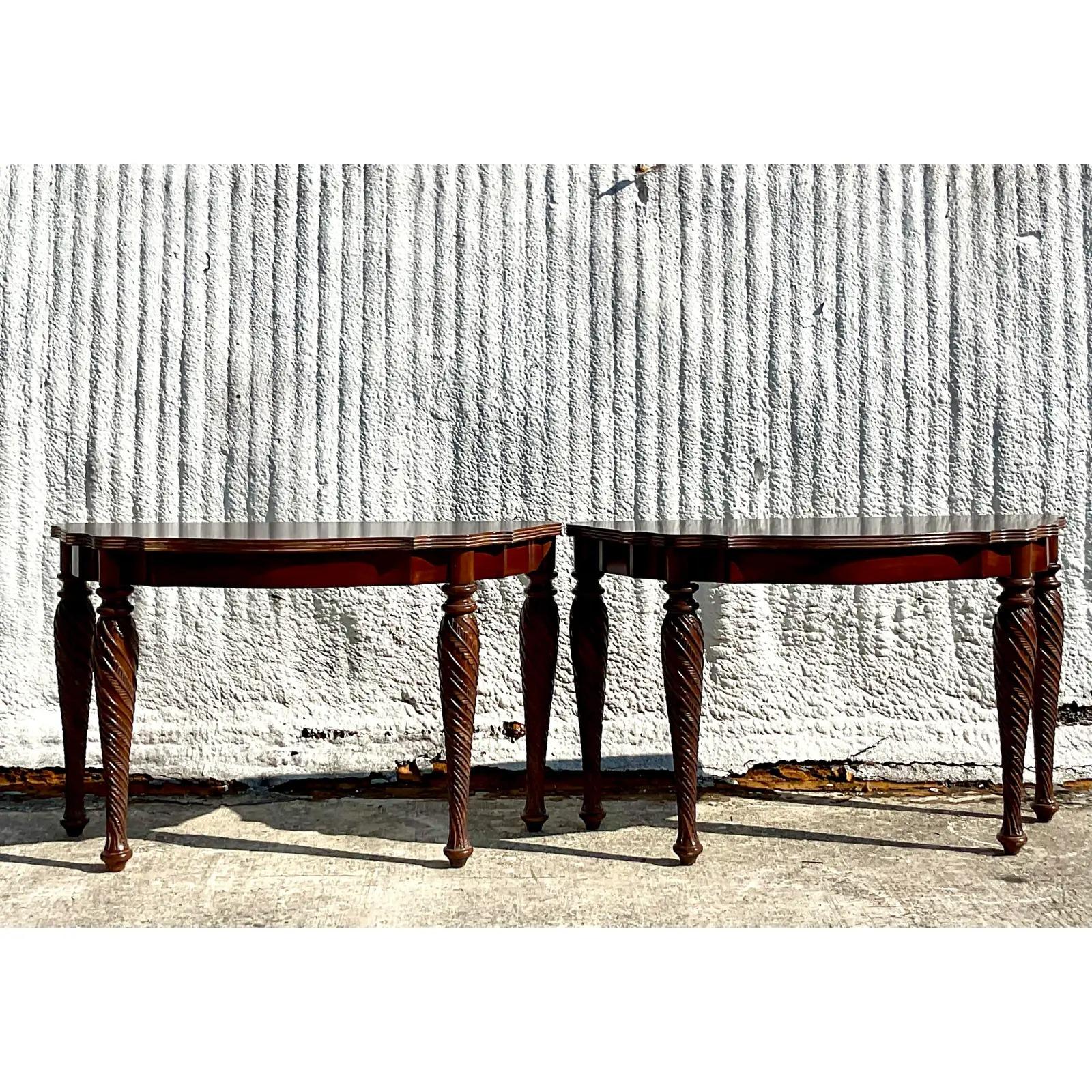 Mahogany Vintage Regency Carved Demilune Console Tables, Pair