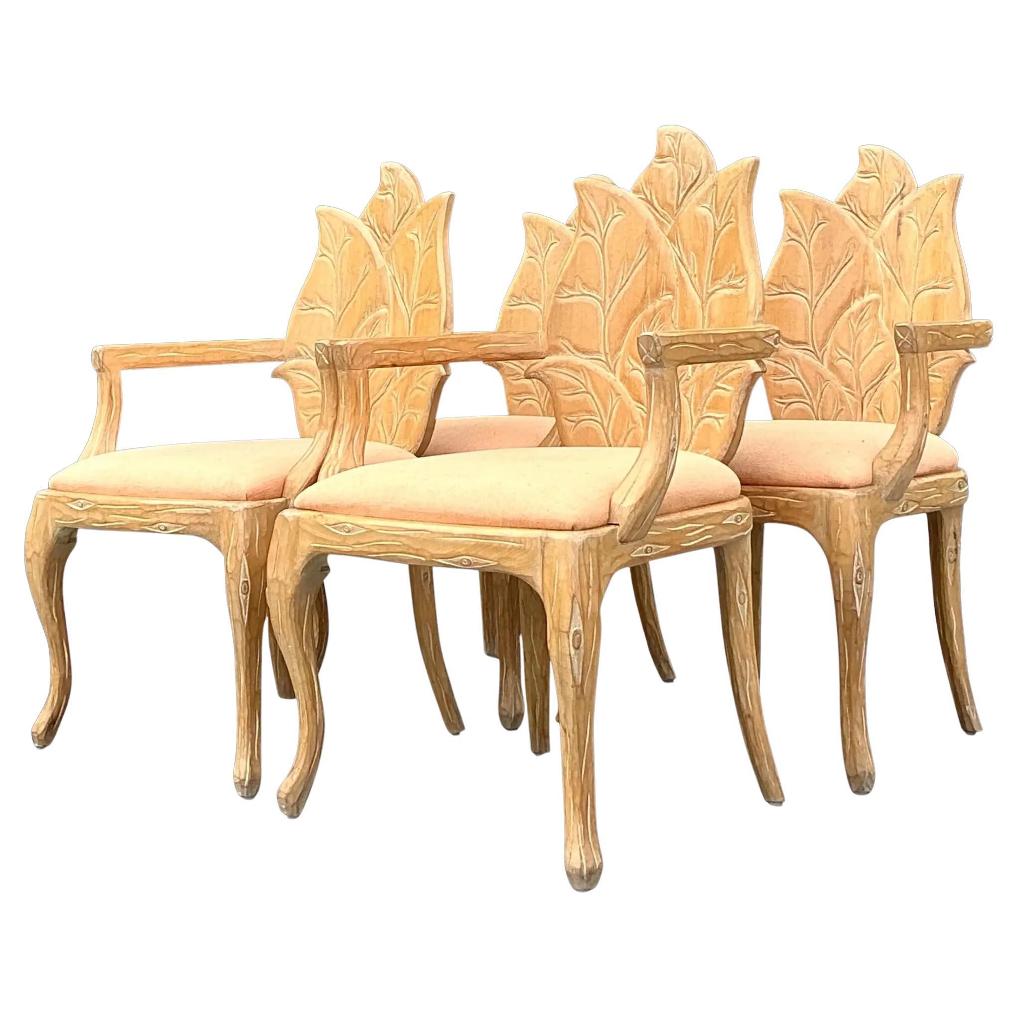 Vintage Regency Carved Faux Bois Dining Chairs - Set of 4