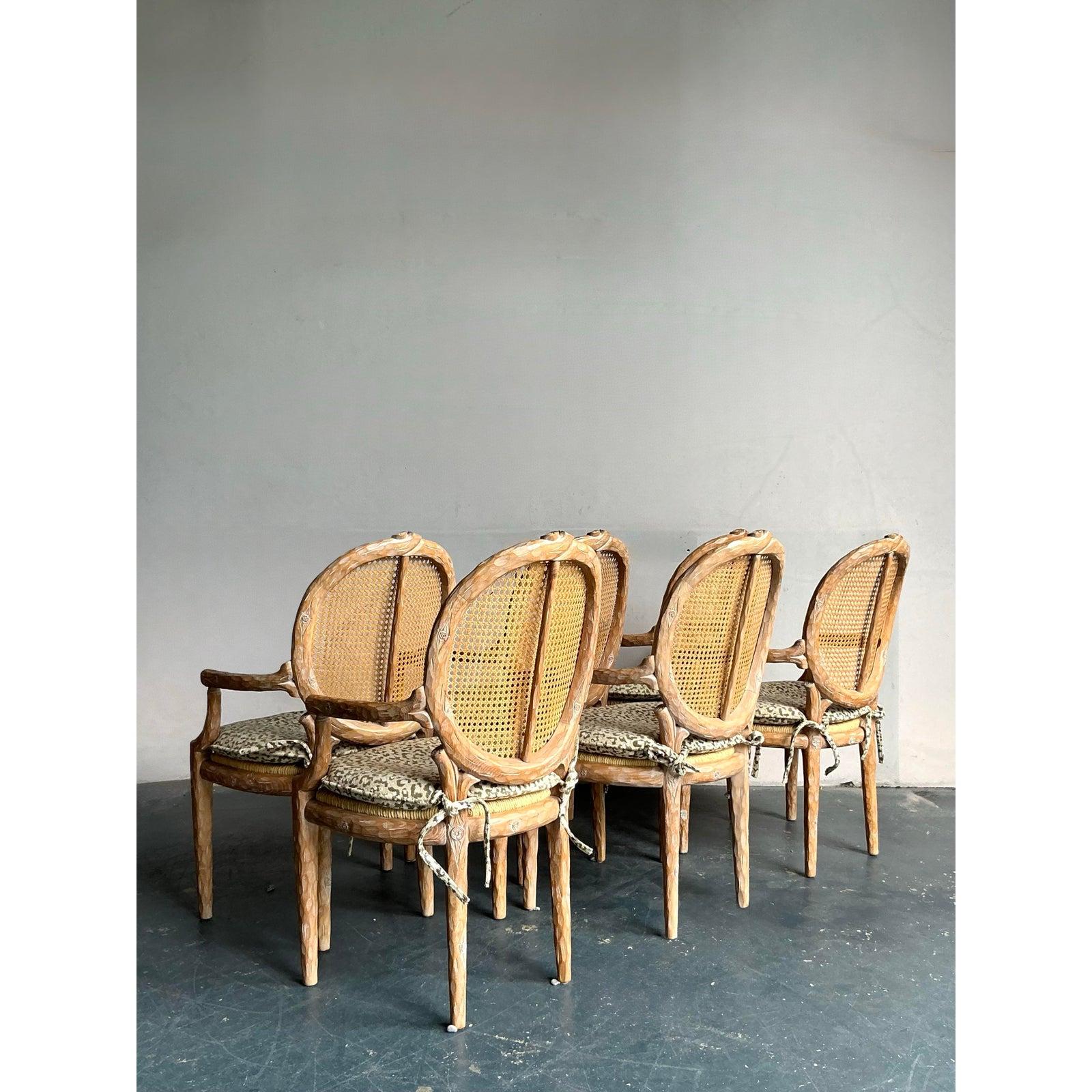 Vintage Regency Carved Faux Bois Dining Chairs - Set of Six In Good Condition For Sale In West Palm Beach, FL