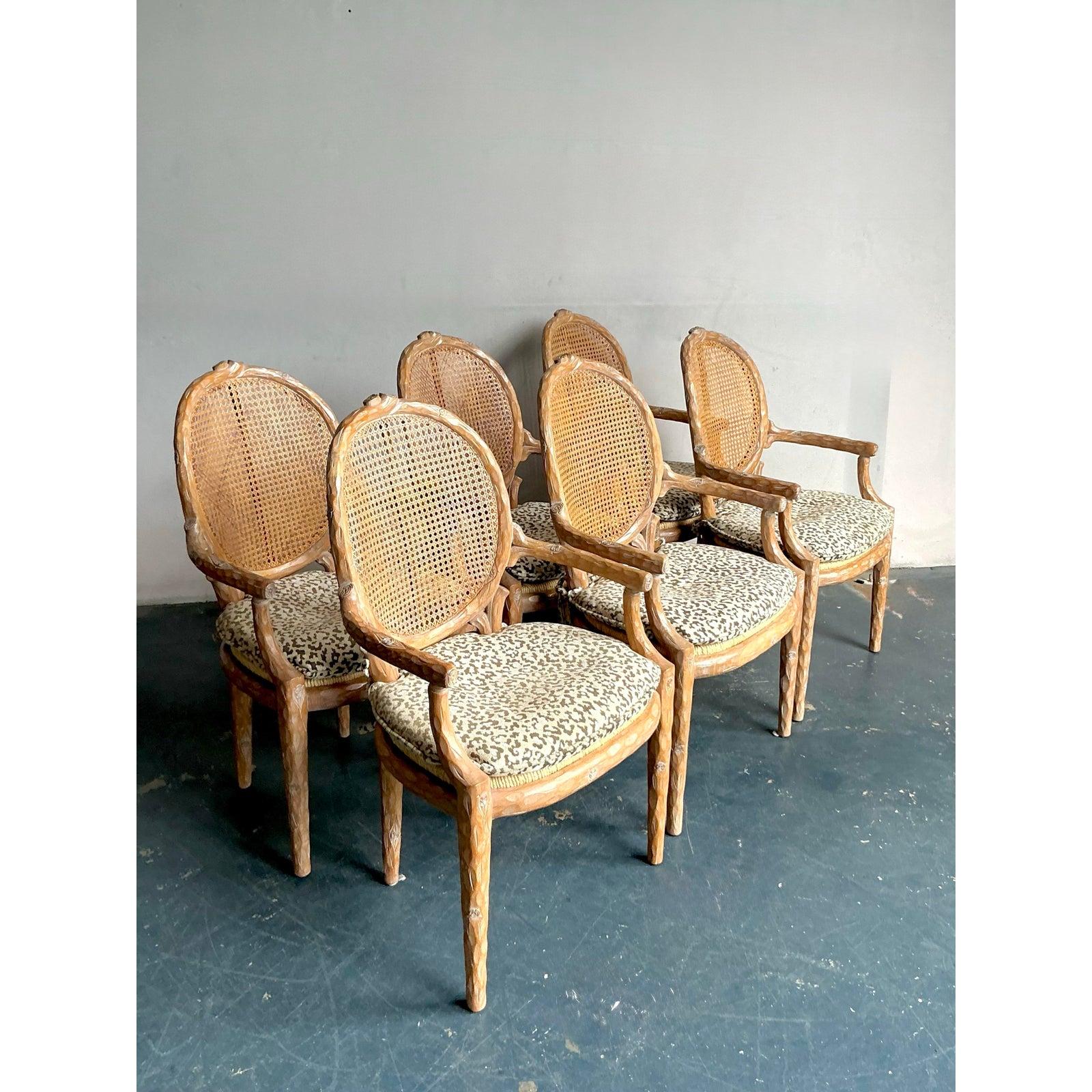 20th Century Vintage Regency Carved Faux Bois Dining Chairs - Set of Six For Sale