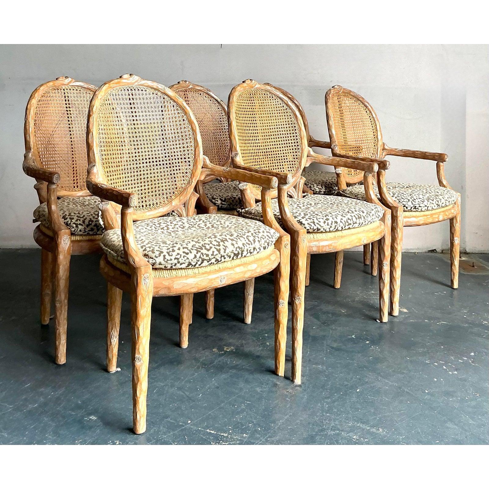 Upholstery Vintage Regency Carved Faux Bois Dining Chairs - Set of Six For Sale