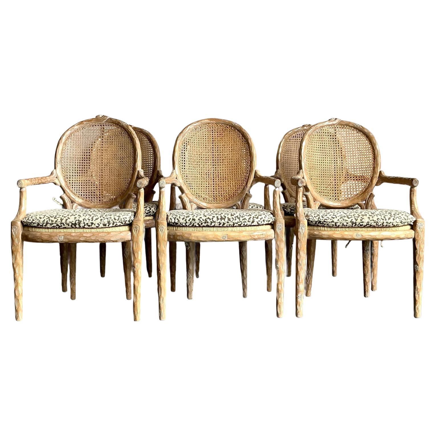 Chaises de salle à manger en faux bois sculpté Vintage Regency - Lot de six