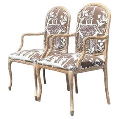 Vintage Regency geschnitztes Faux Bois Fauteuil in Quadrille China Seas aus Quadrille, Paar