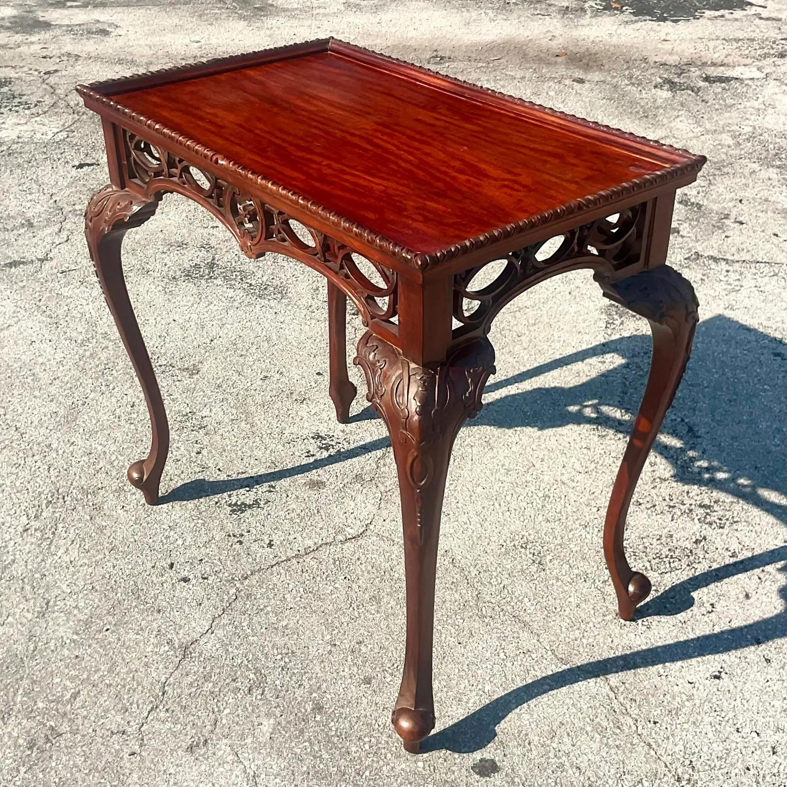 Wood Vintage Regency Carved Fretwork Tea Table For Sale