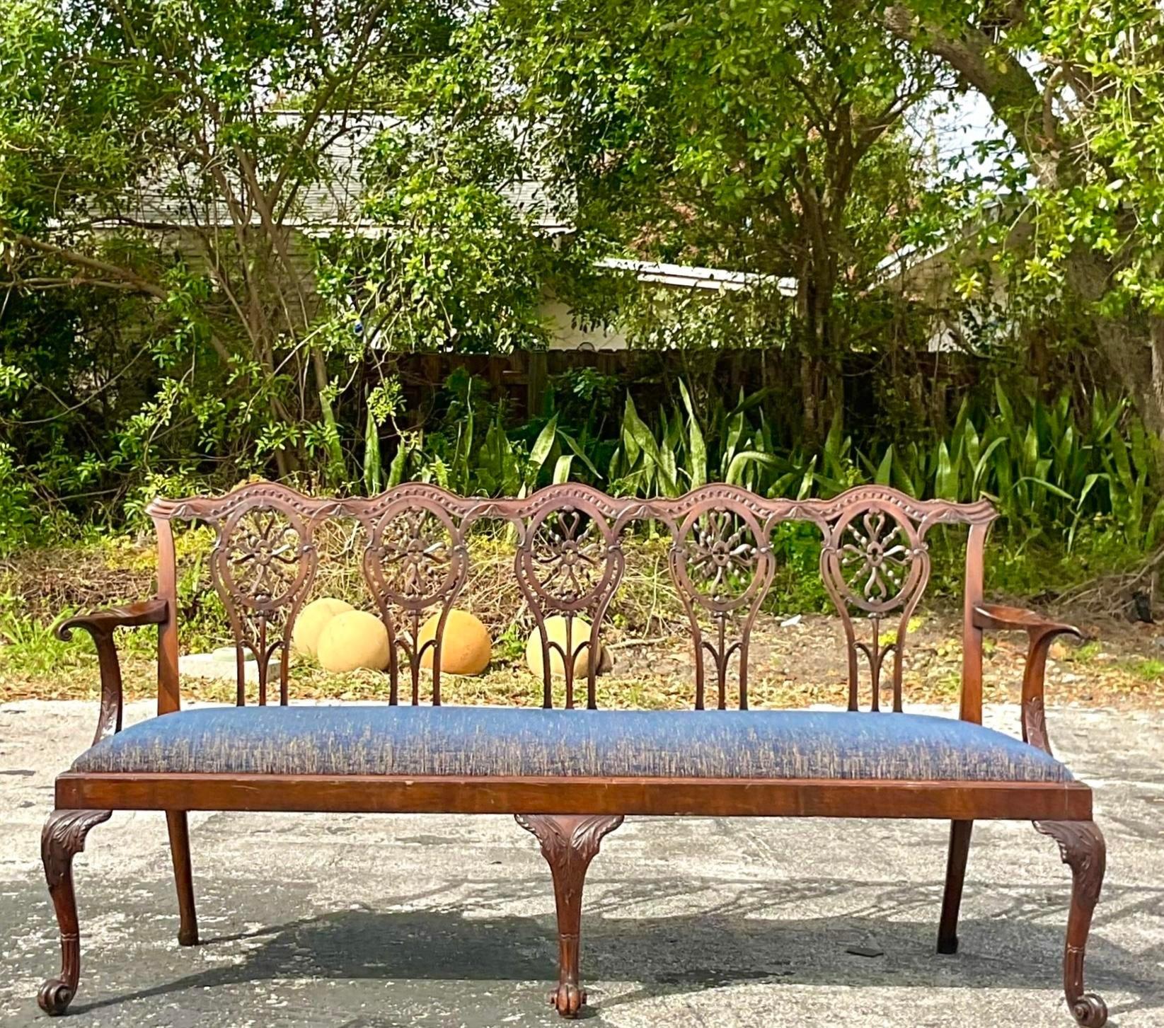 Upholstery Vintage Regency Carved Georgian Bench For Sale