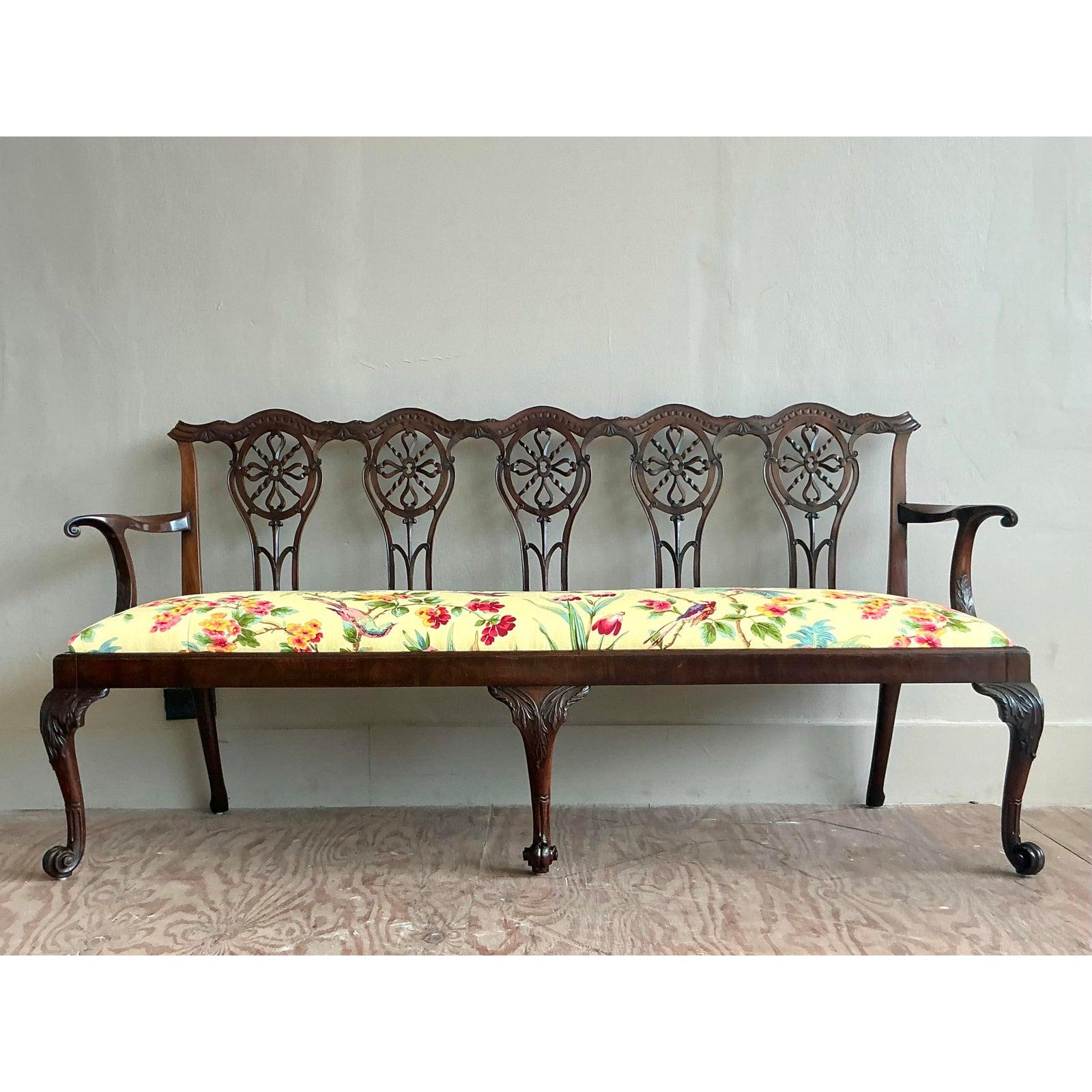 Chippendale Vintage Regency Carved Georgian Bench in Scalamandre Flora For Sale
