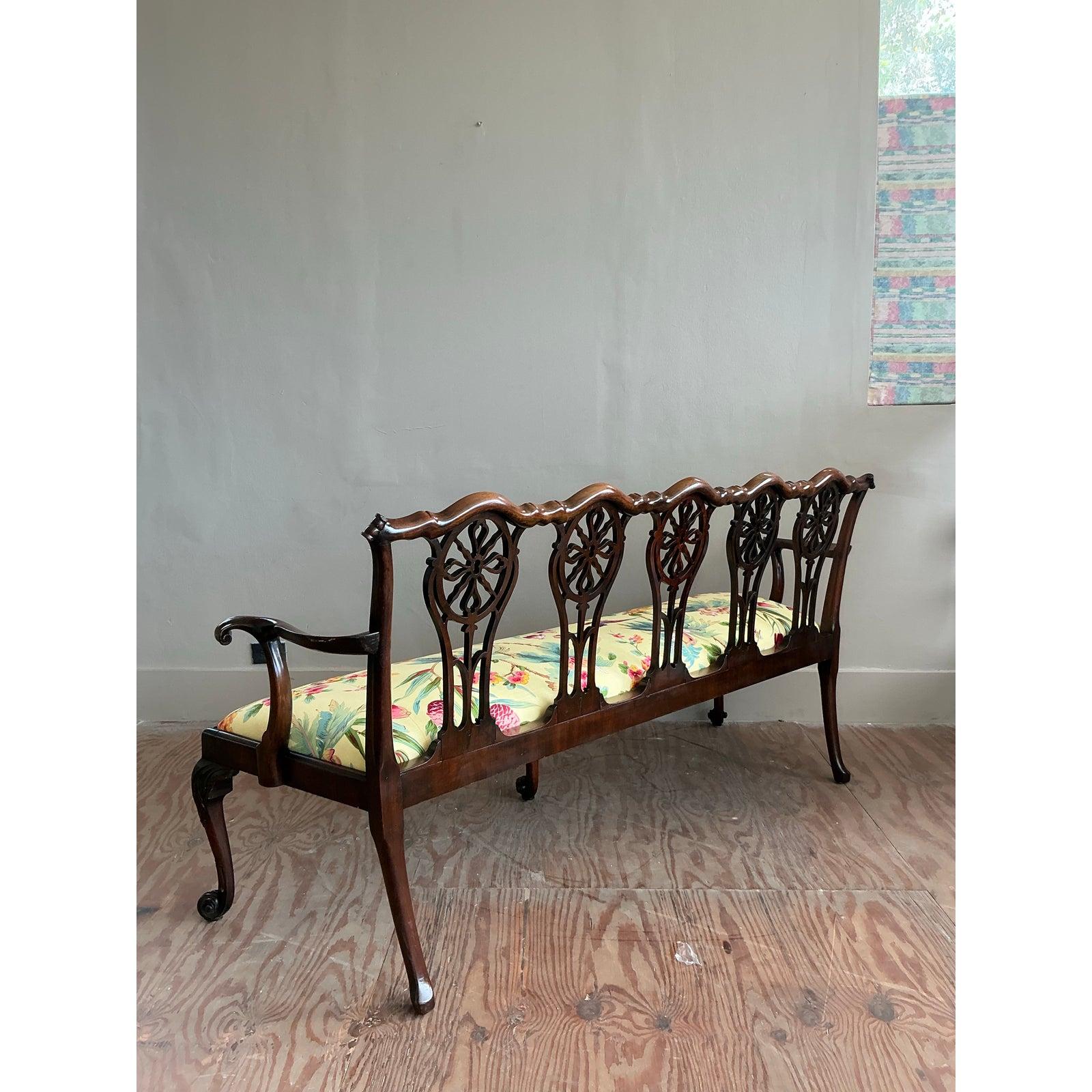 American Vintage Regency Carved Georgian Bench in Scalamandre Flora For Sale