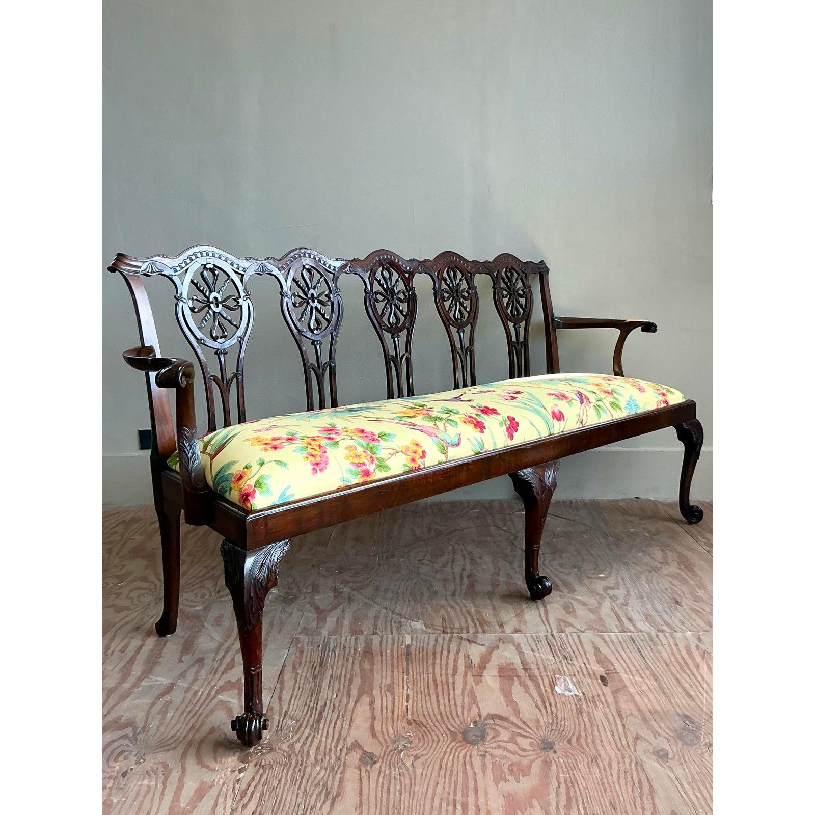 Fabric Vintage Regency Carved Georgian Bench in Scalamandre Flora For Sale