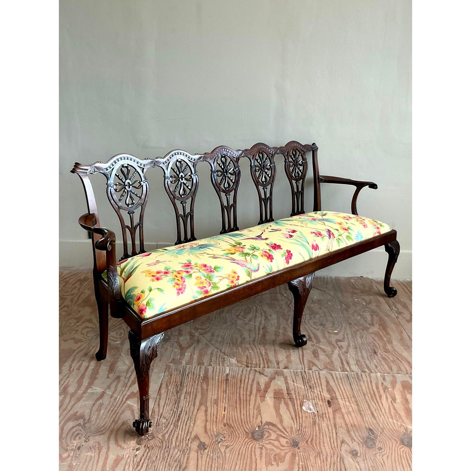 Vintage Regency Carved Georgian Bench in Scalamandre Flora For Sale 2