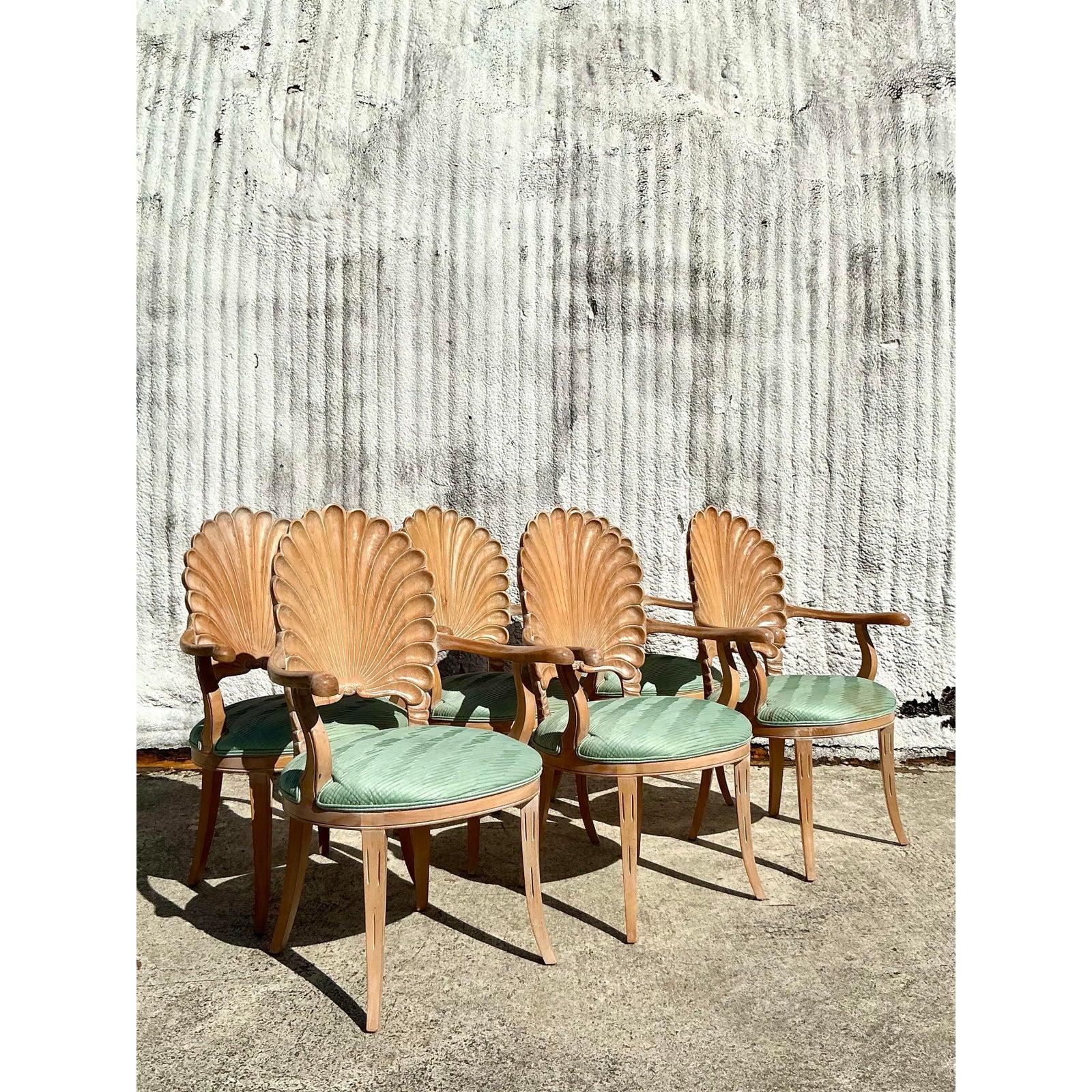 Upholstery Vintage Regency Carved Grotto Dining Chairs - Set of 6