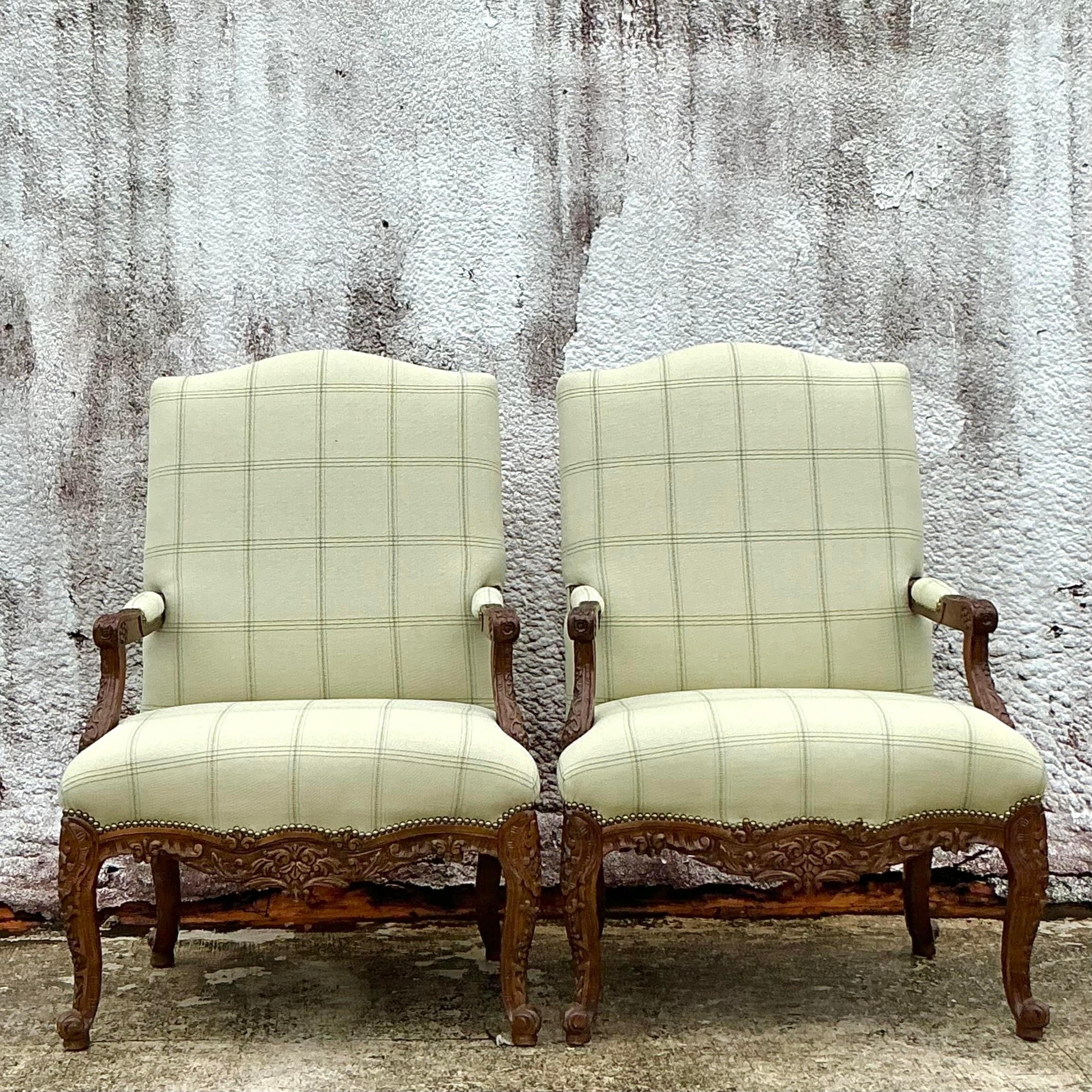 20th Century Vintage Regency Carved High Back Chair - a Pair