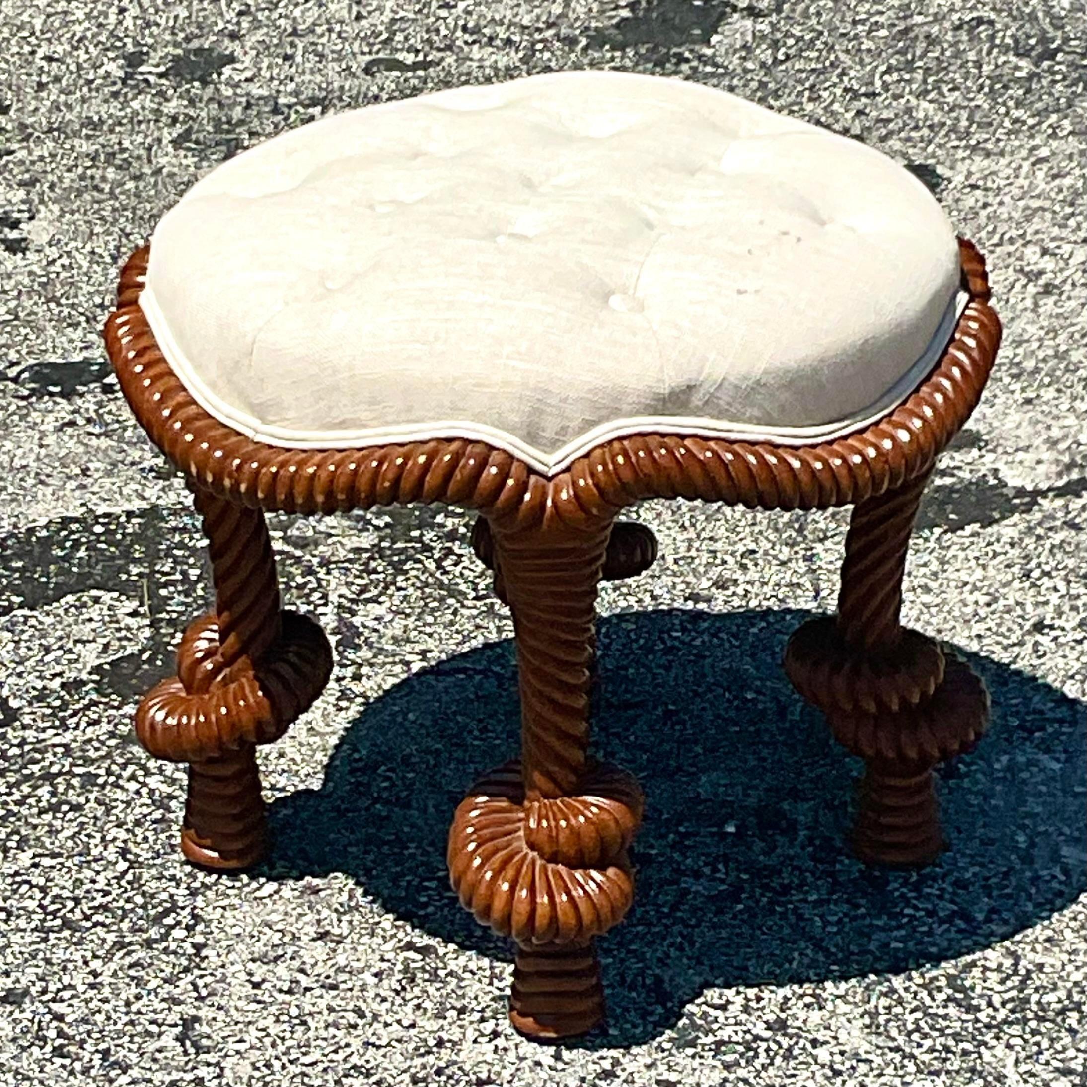 Vintage Regency Carved Knot Tufted Low Stool In Good Condition In west palm beach, FL