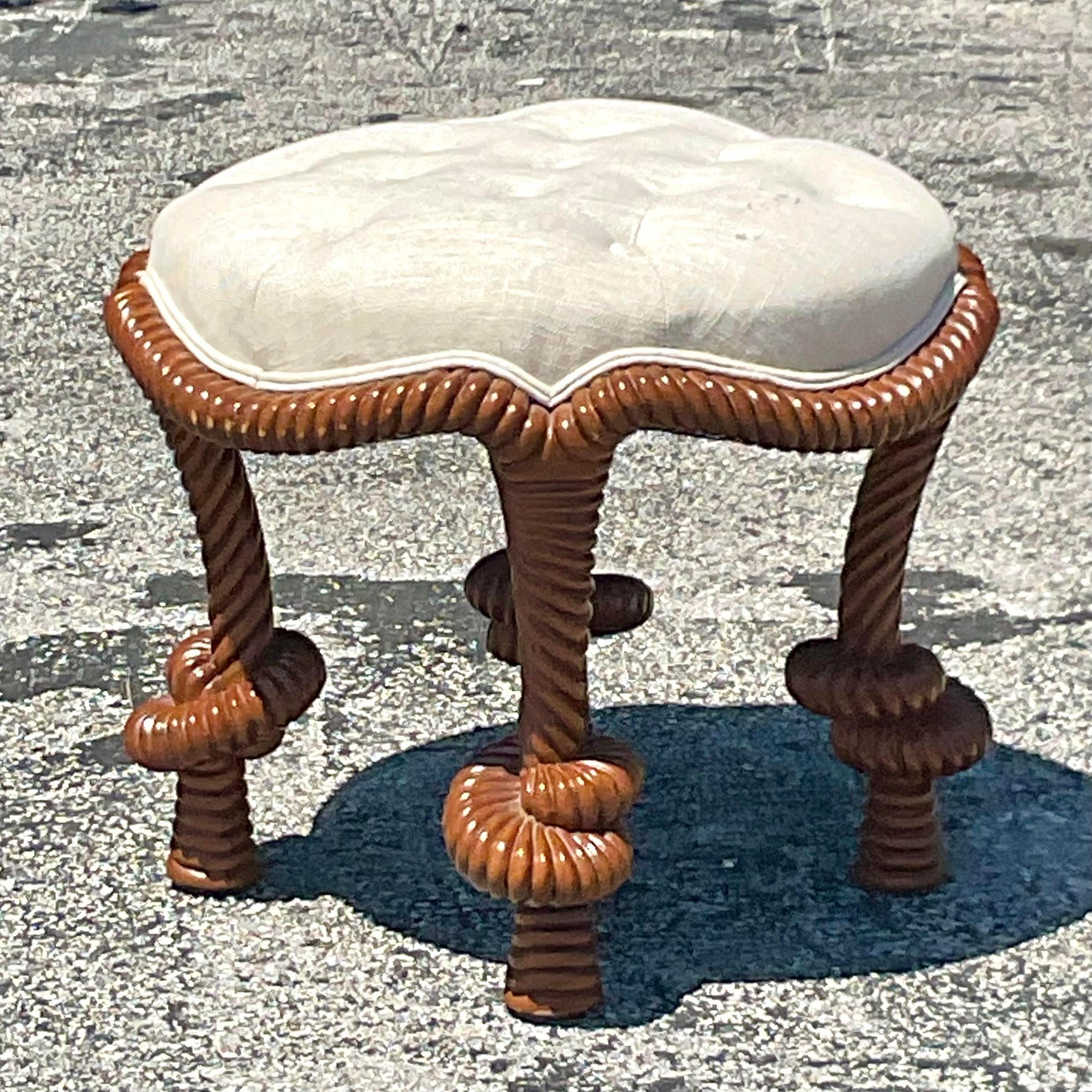 20th Century Vintage Regency Carved Knot Tufted Low Stool