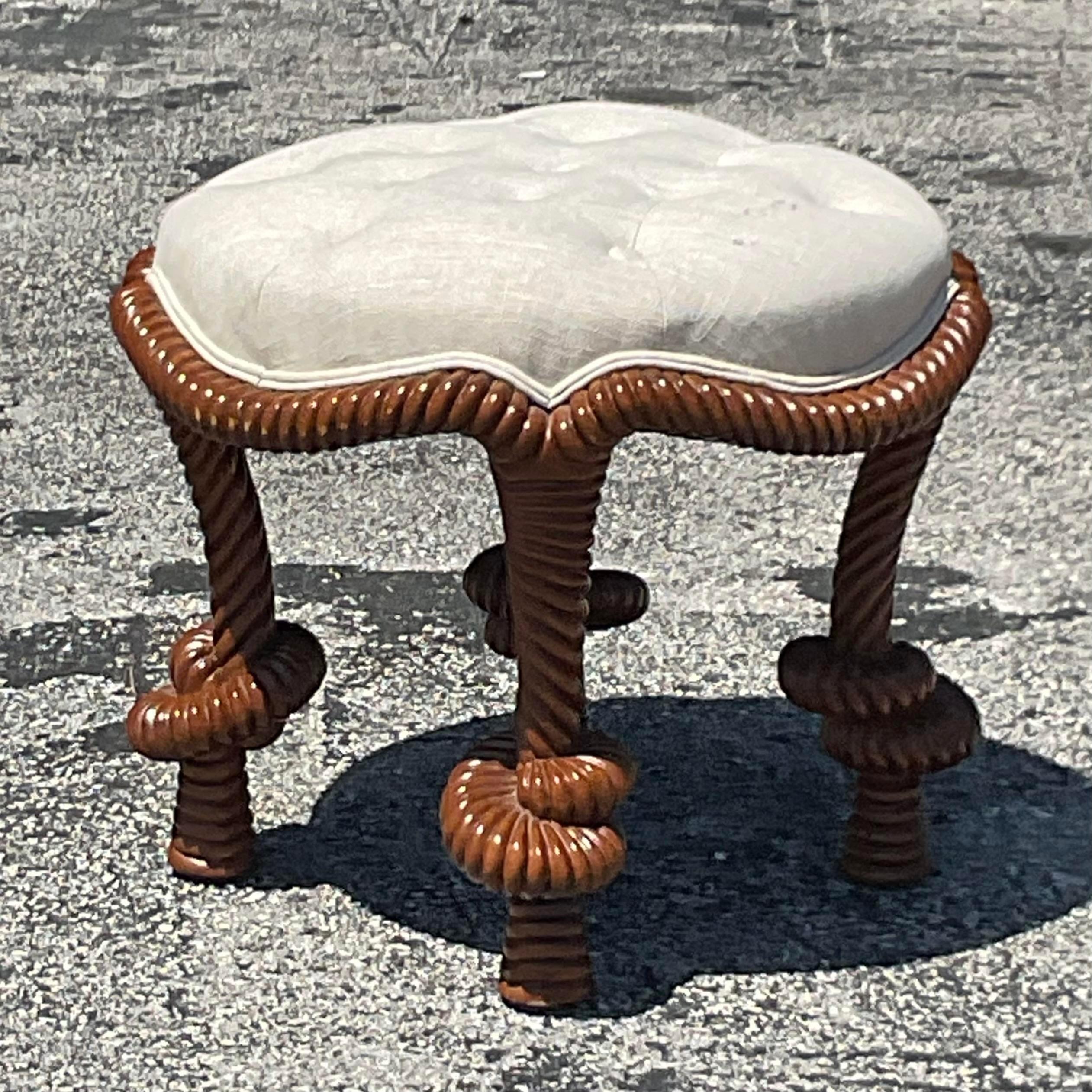 Upholstery Vintage Regency Carved Knot Tufted Low Stool