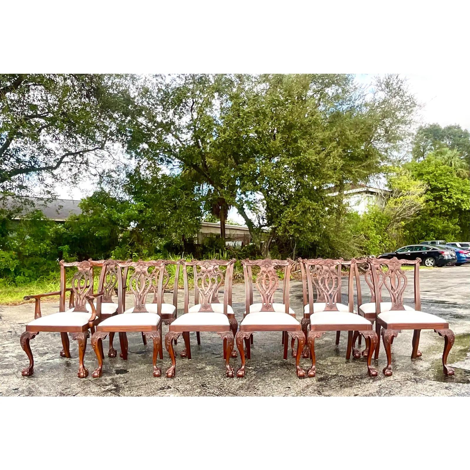 Vintage Regency Carved Mahogany Chippendale Dining Chairs, Set of 12 5