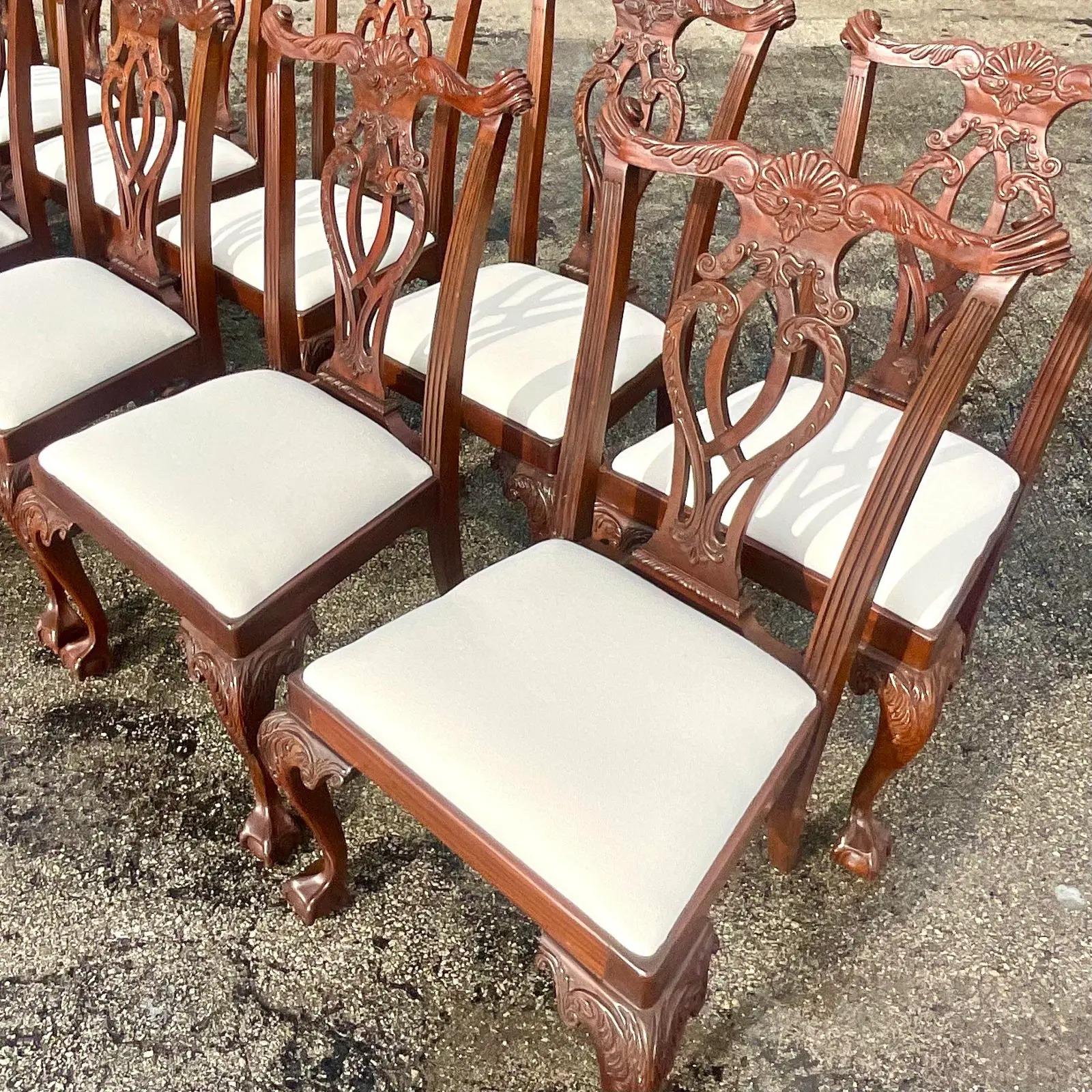 North American Vintage Regency Carved Mahogany Chippendale Dining Chairs, Set of 12
