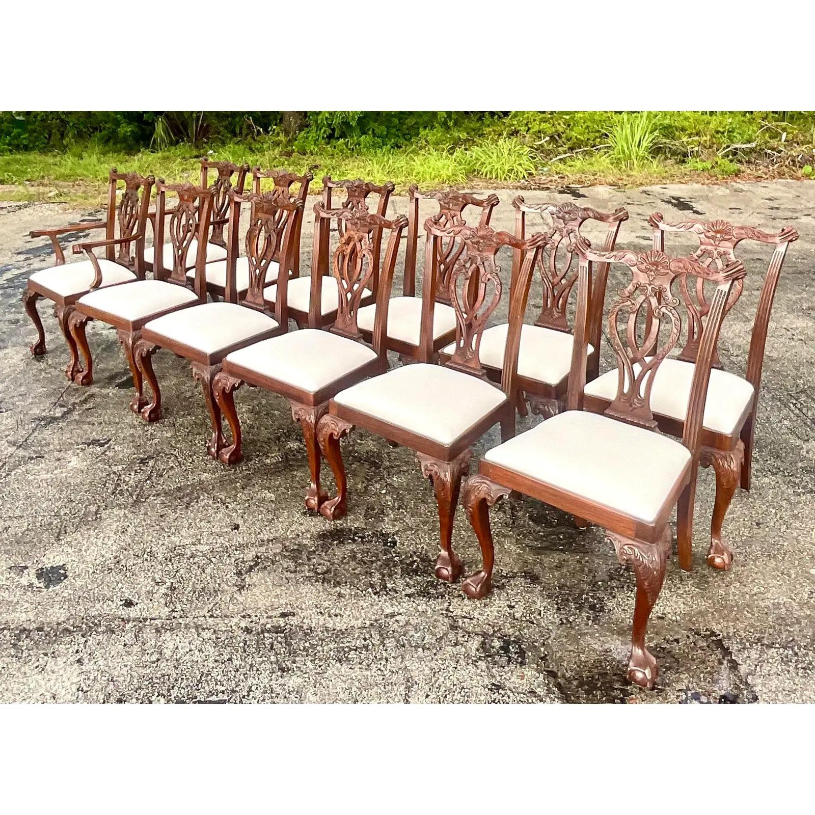 20th Century Vintage Regency Carved Mahogany Chippendale Dining Chairs, Set of 12