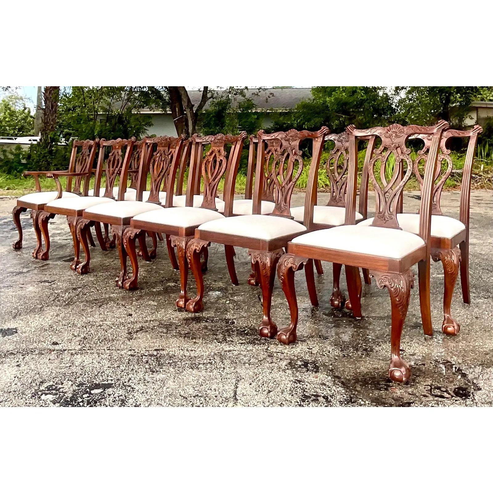 Vintage Regency Carved Mahogany Chippendale Dining Chairs, Set of 12 1