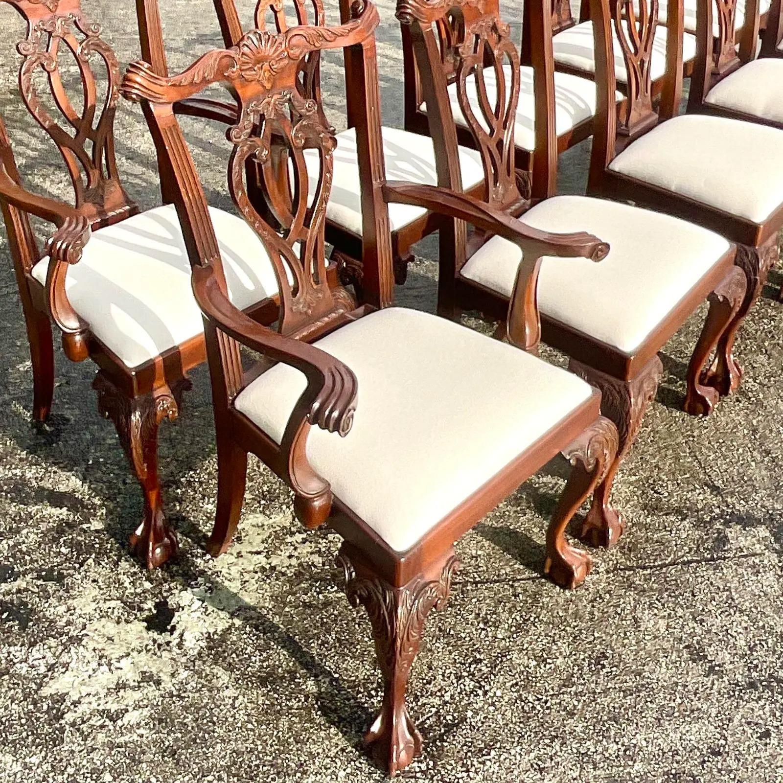Vintage Regency Carved Mahogany Chippendale Dining Chairs, Set of 12 4