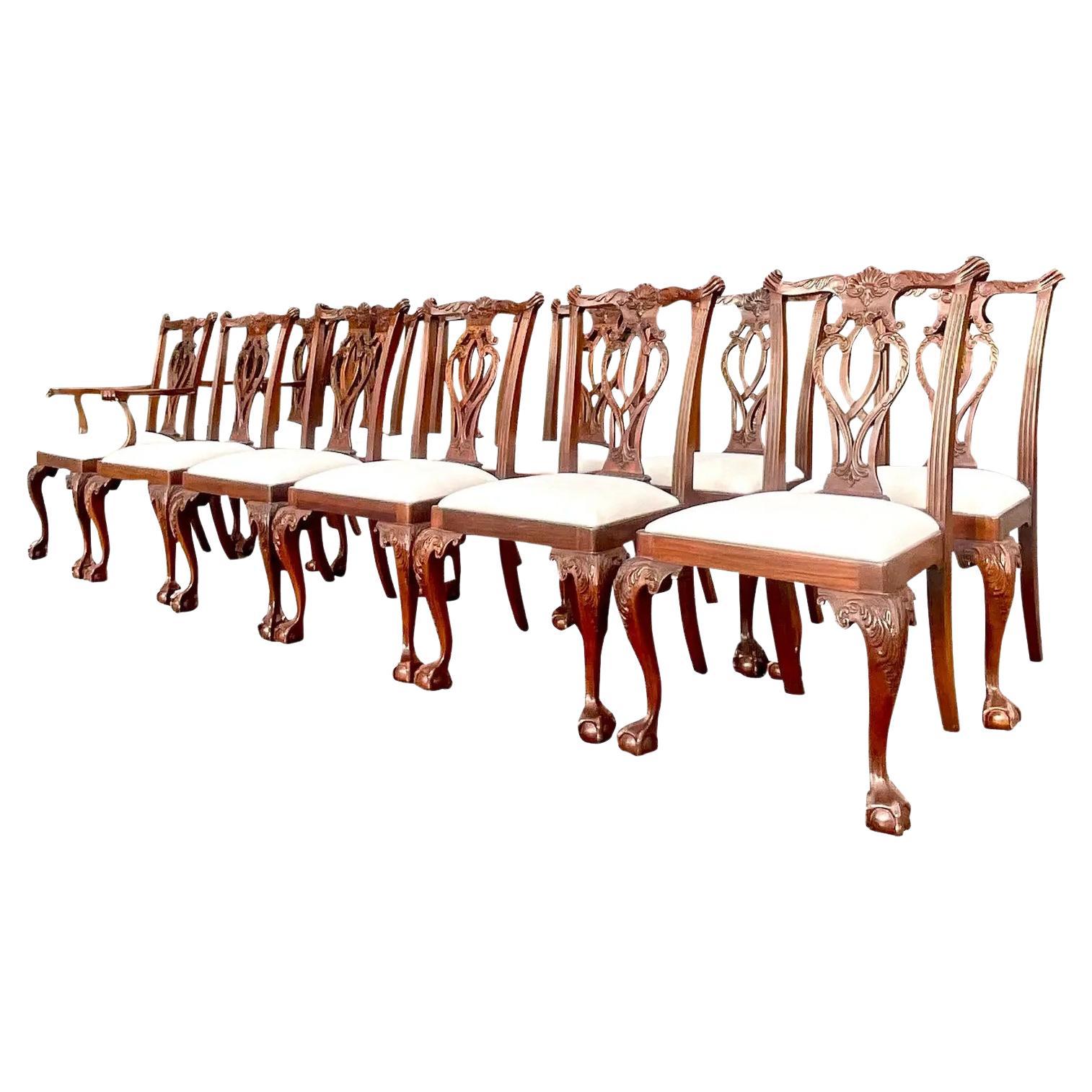 Vintage Regency Carved Mahogany Chippendale Dining Chairs, Set of 12
