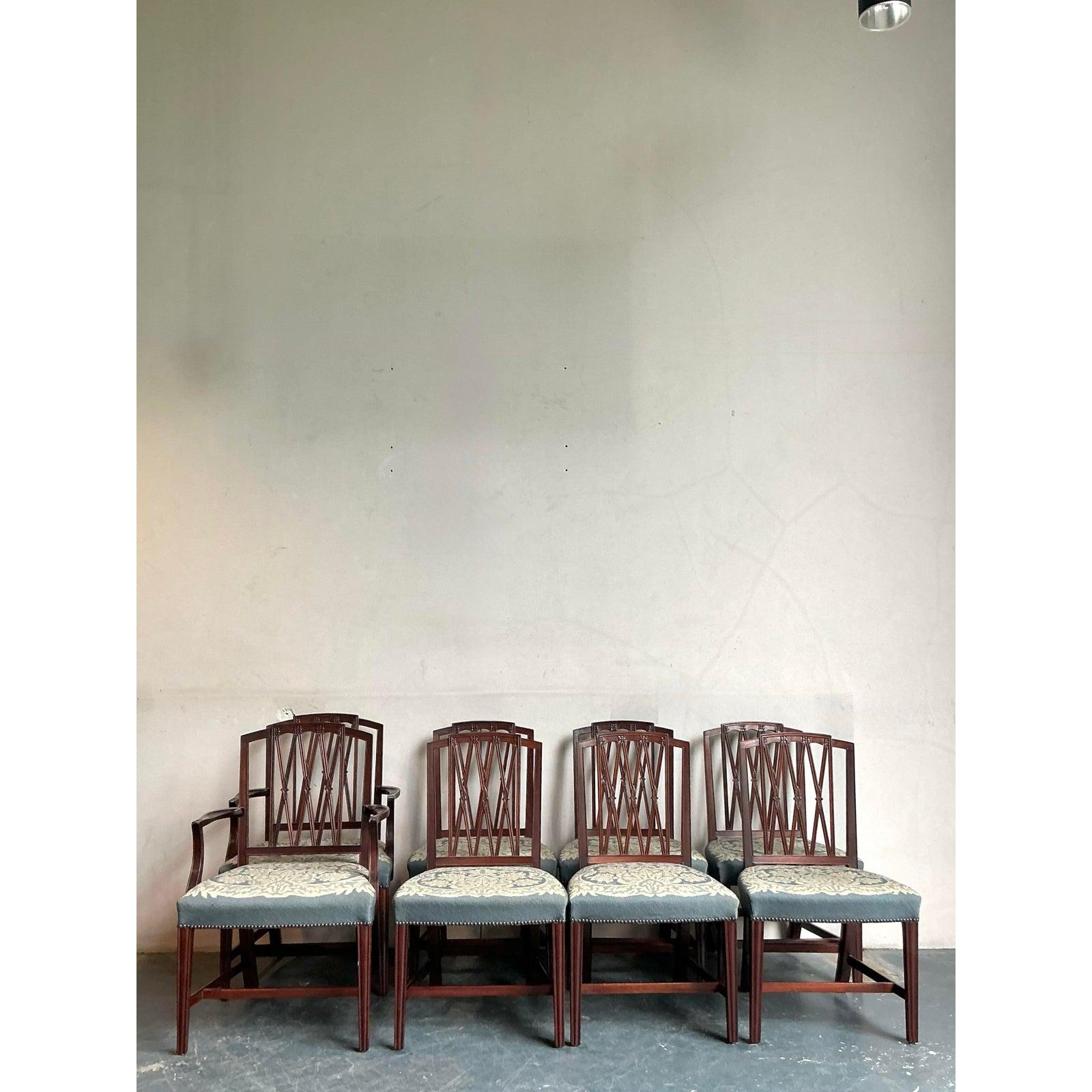 20th Century Vintage Regency Carved Mahogany Trellis Dining Chairs - Set of 8 For Sale