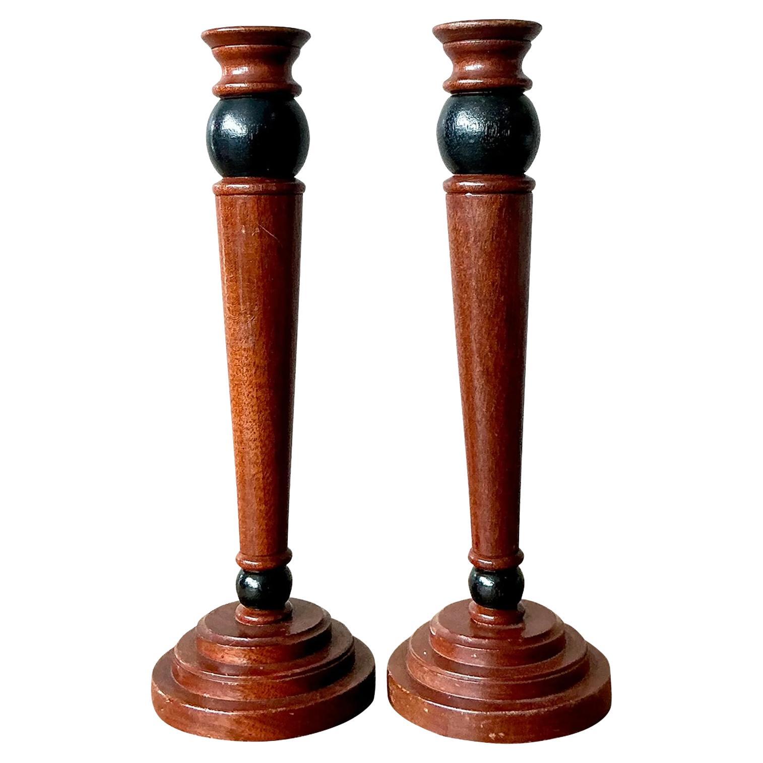 Vintage Regency Carved Pillar Candlesticks - A Pair