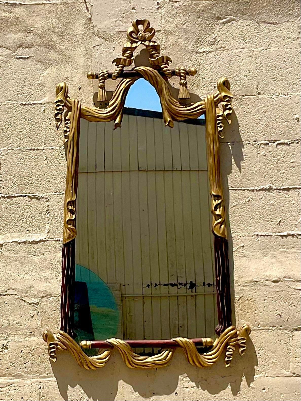 Vintage Regency Carved Rope and Tassle Gilt Mirror In Good Condition For Sale In west palm beach, FL